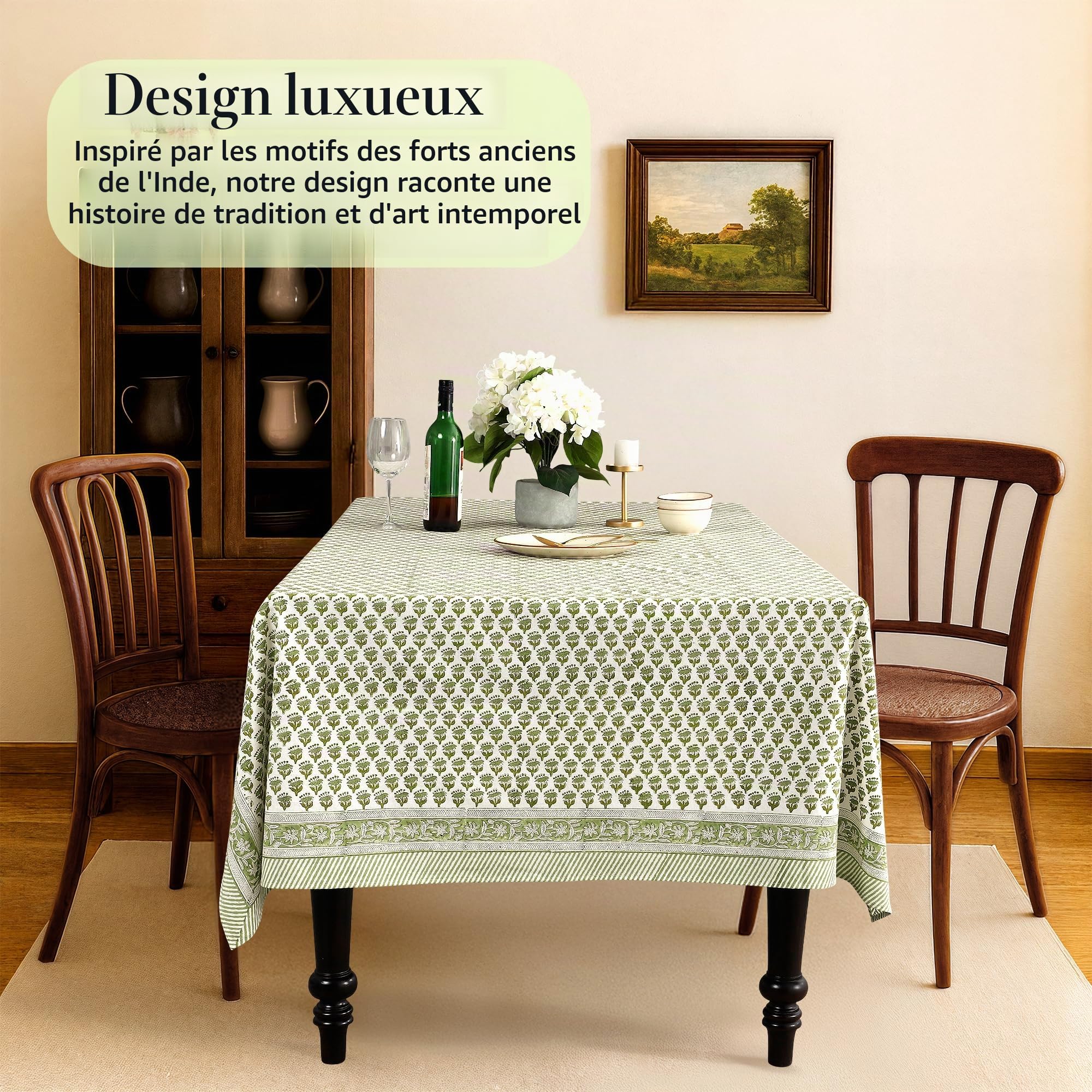 CPC Nappe rectangulaire 100% Coton – Imprimé à la Main Indien – 6 Places – Lavable et réutilisable – pour Maison, Restaurant, hôtel, événement et Utilisation Quotidienne – Vert émeraude