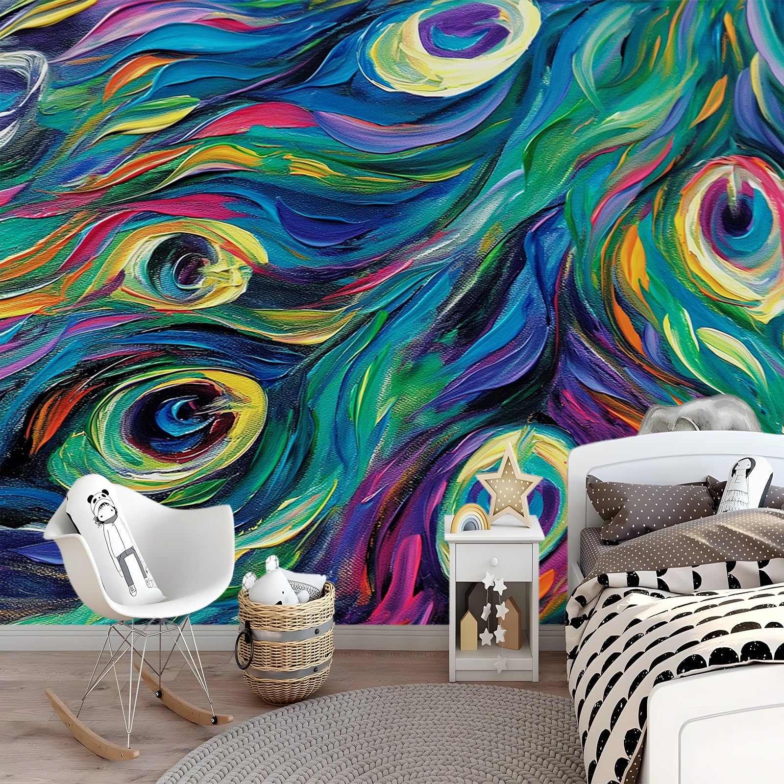 Tapeta 300 x 210 cm, tapeta z włókniny, abstrakcyjne pawie pióra, dekoracja, wodoszczelna, folia ochronna na ścianę, do sypialni, salonu, folia meblowa, tapeta ścienna, kolorowa, w zestawie poradnik