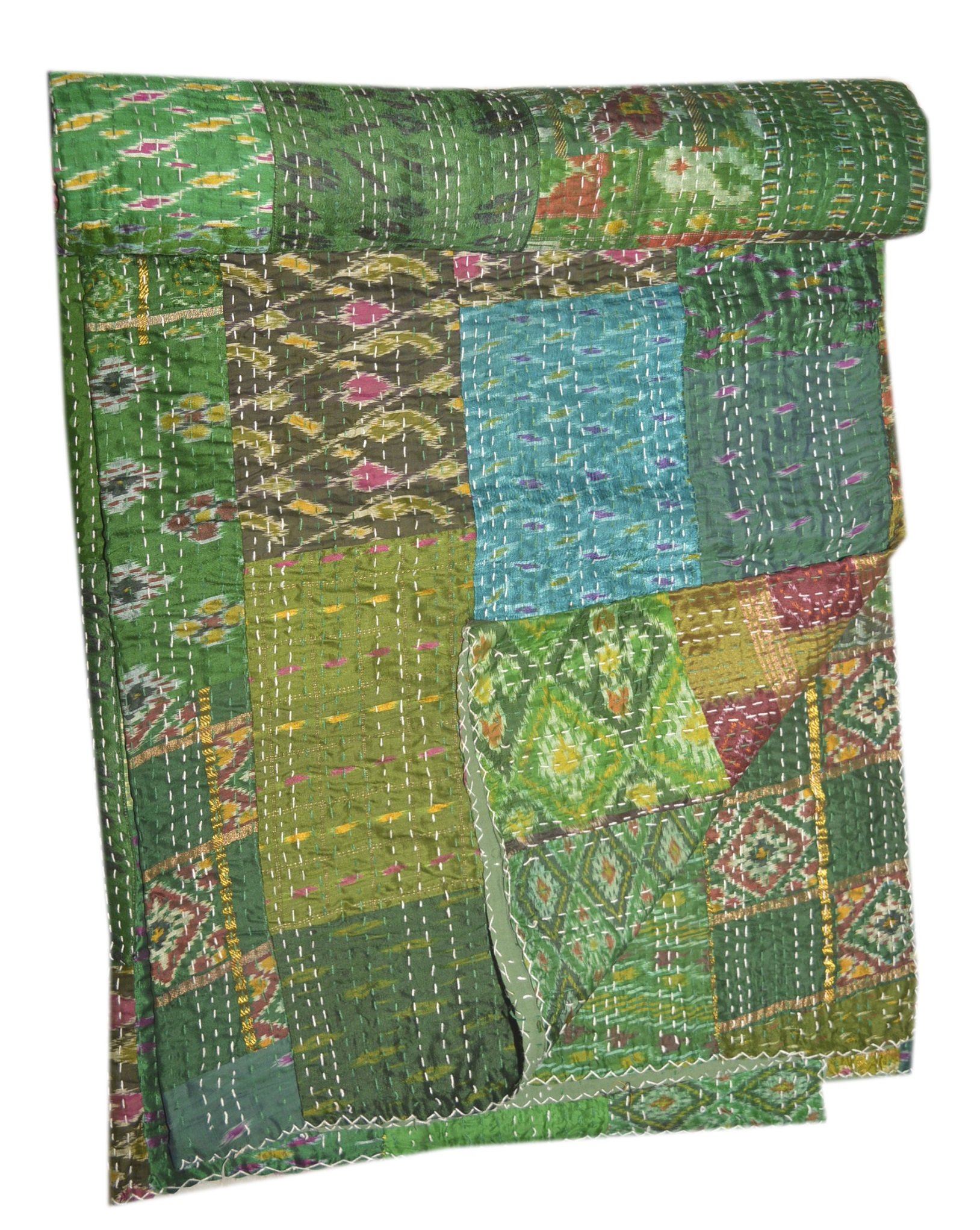Tribal Asian Textiles Indian Silk Sari Patchwork Kantha Quilt Queen Bedding Throw Reversible Bedspread