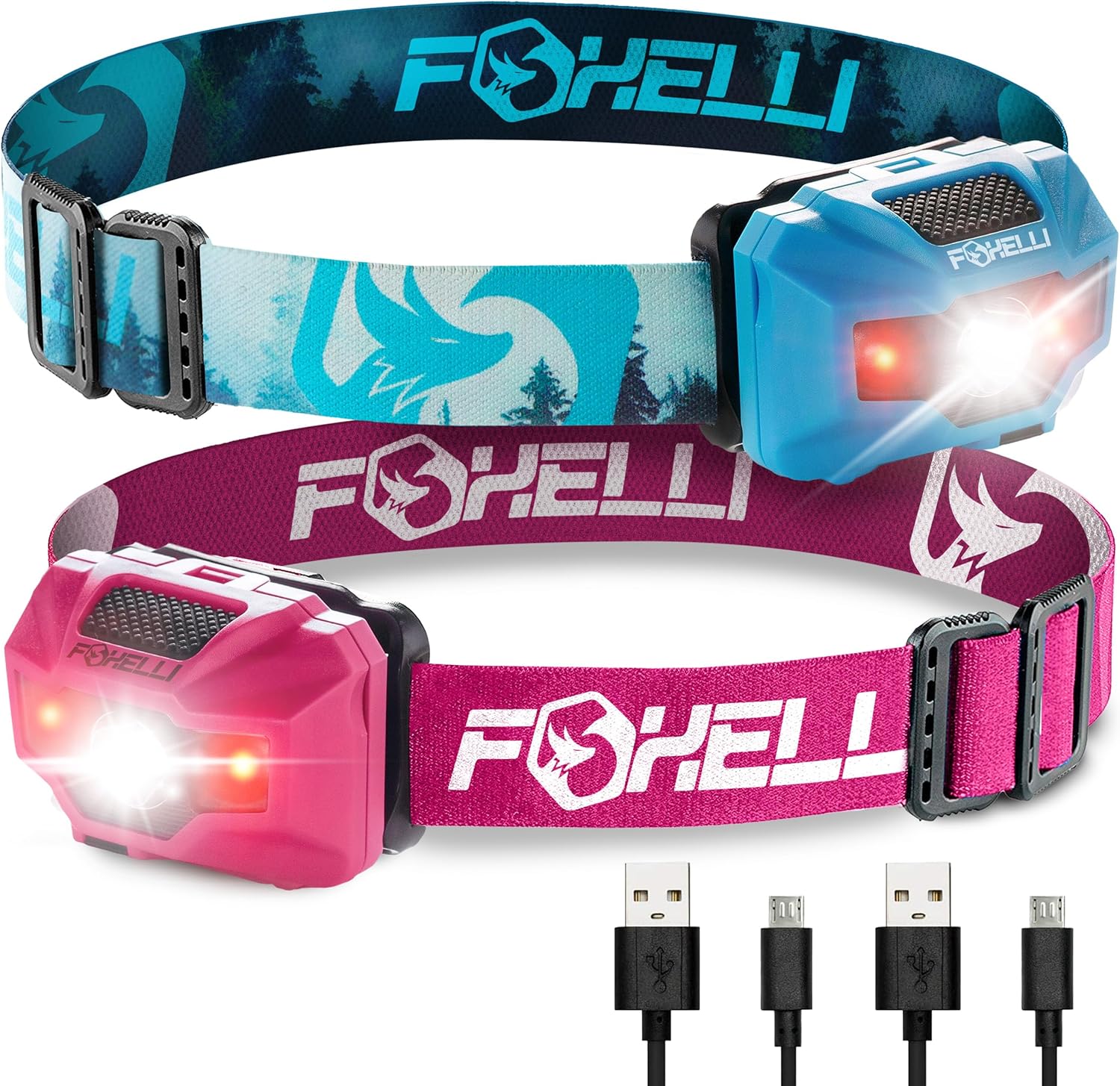 Foxelli Rechargeable LED Headlamp Bundle of 2 - Forest & Pink: Ultralight Waterproof Head Lamp with Red Light for Running, Camping, Hiking & Outdoor