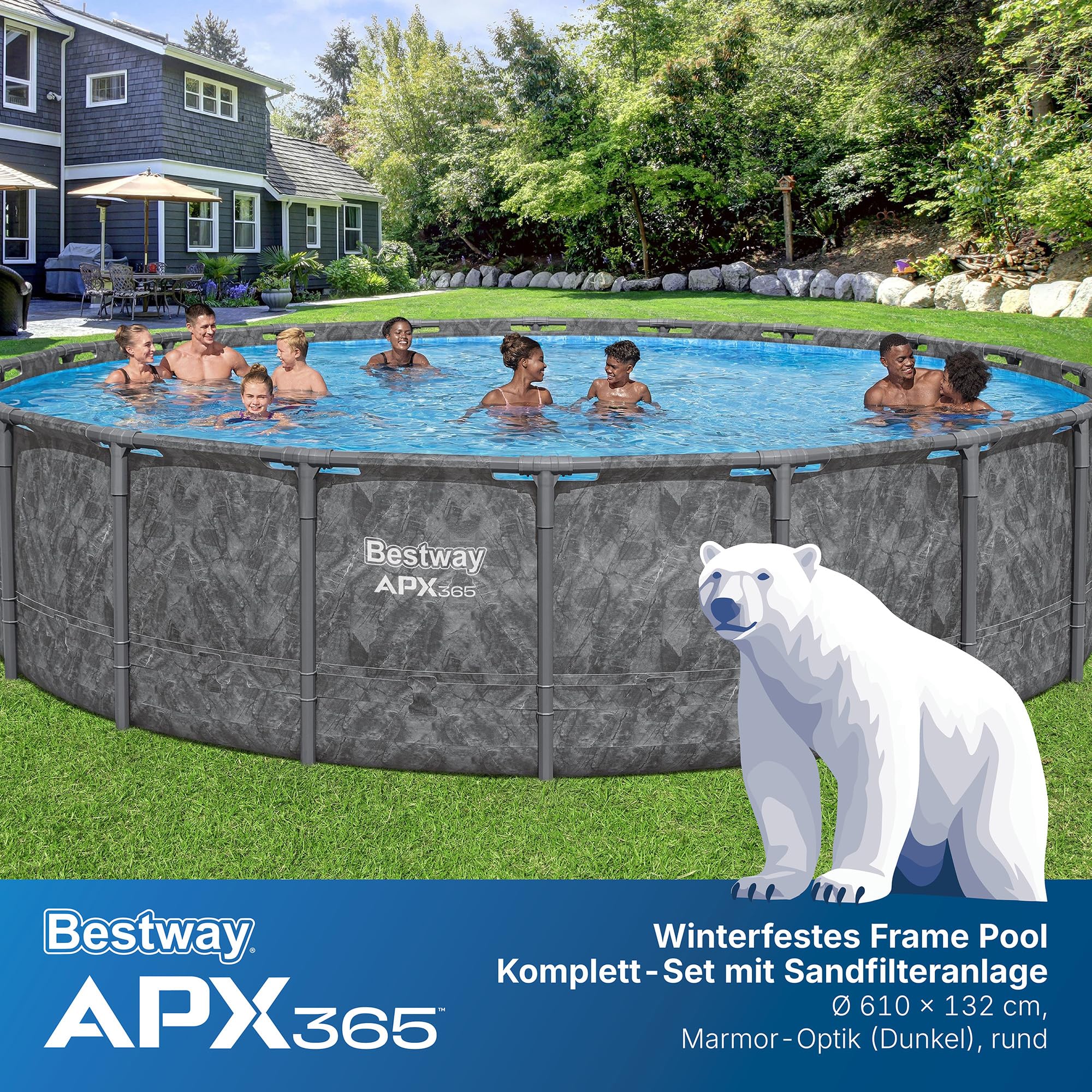 Bestway APX365 Winterfestes Frame Pool Set, Ø 610 x 132 cm, 33.240 Liter, TriTech-Material, Polar-Shield Ganzjahresschutz, Sandfilteranlage 8.327 l/h, Sicherheitsleiter, Abdeckplane, einfacher Aufbau