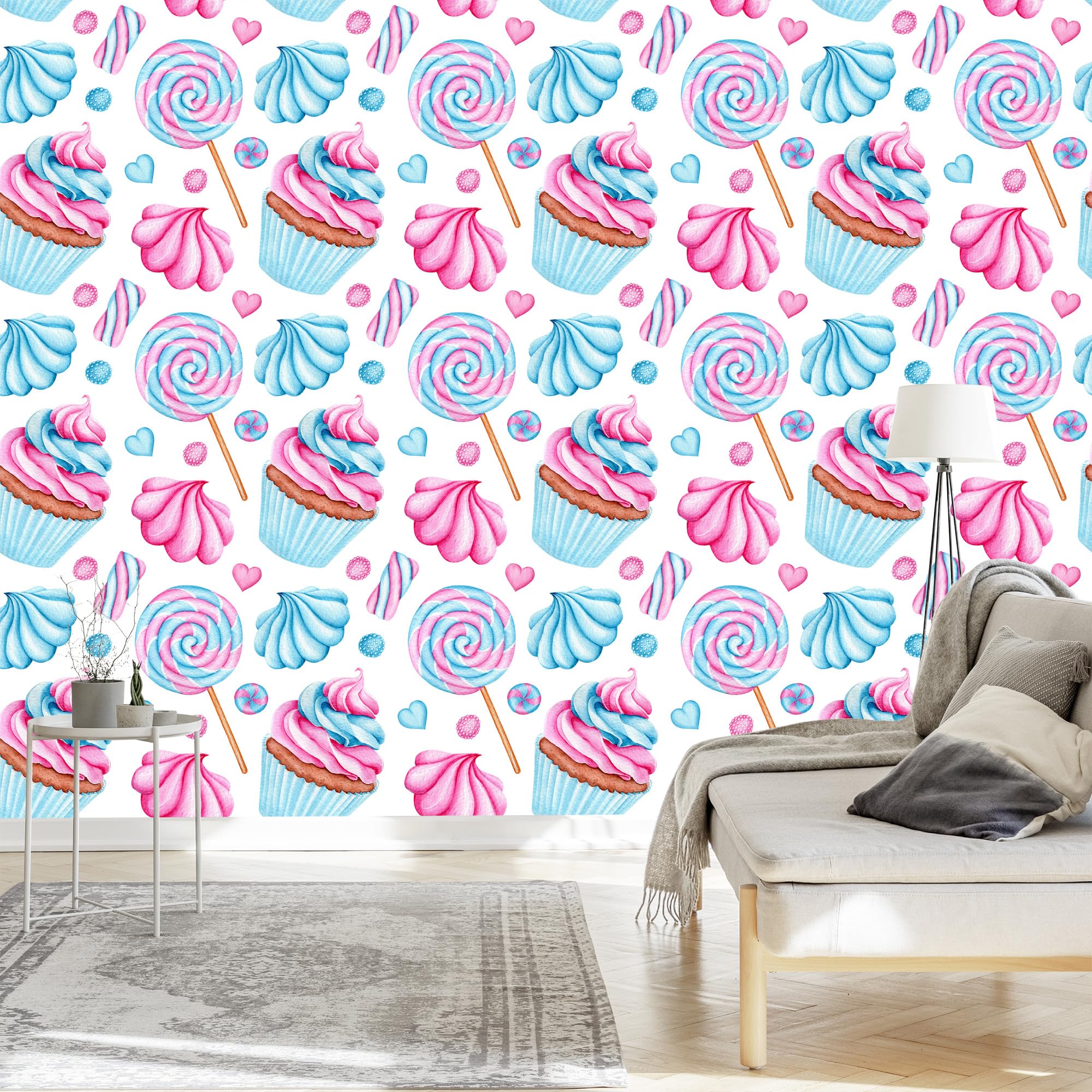 Vliestapete Bunte Cupcakes und Lollis 50 x 1000 cm | Appetitliche Genussdarstellung; Lebendige Küchenkulisse; Frischer Farbakzent; Kleister im Set