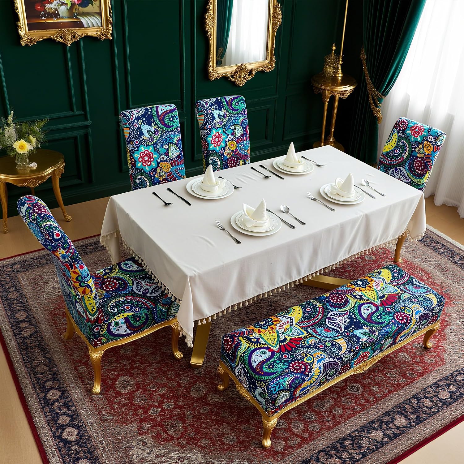 FORCHEER 4 Chair and Bench Covers for Dining Chairs Waterproof Boho Dining Room 4 Piece Kitchen Chair Slipcovers with Bench Seat Cover Set Washable