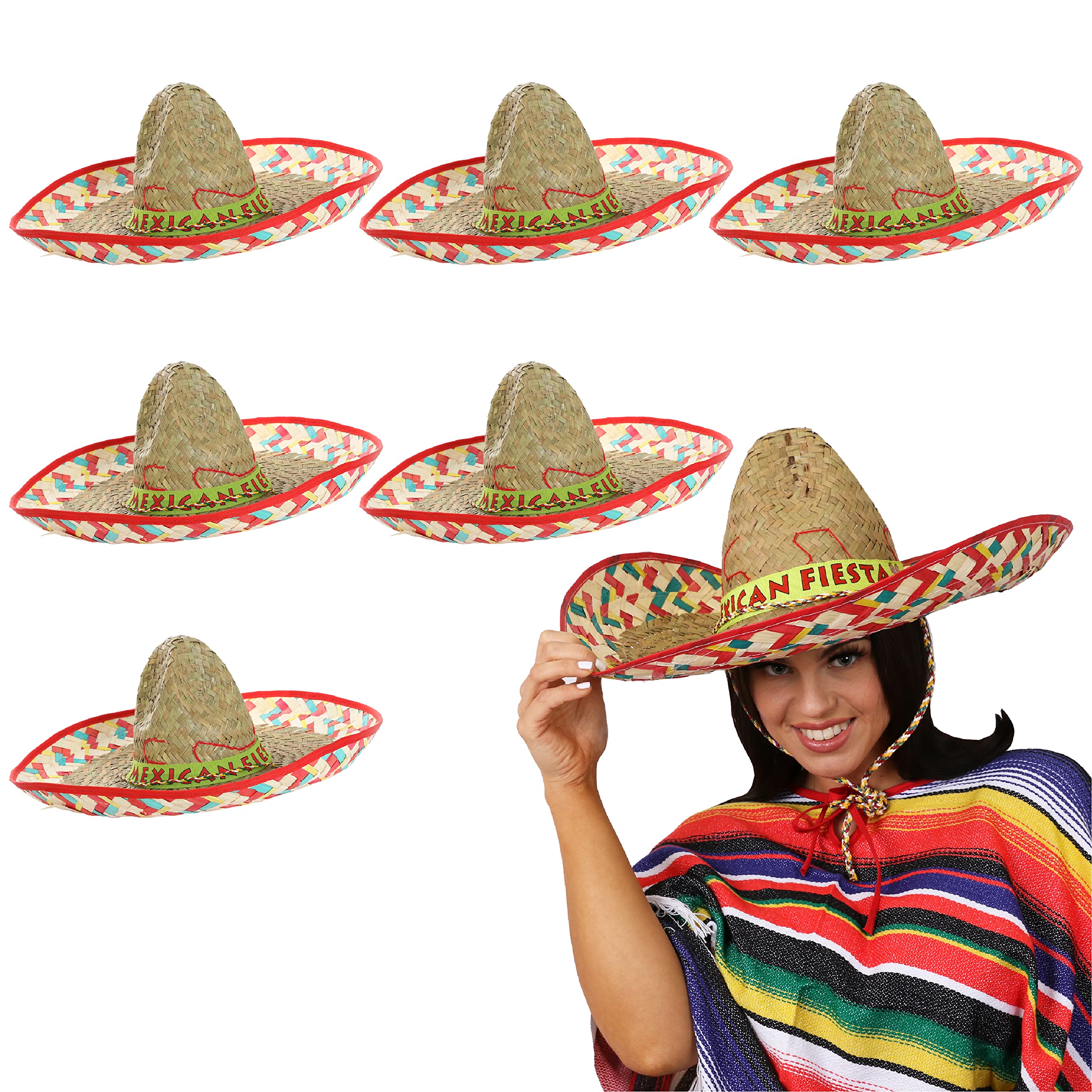 I Love Fancy Dress Multicoloured Mexican Fiesta Sombrero - Pack Of 6 - Straw Sombrero Hat With "Mexican Fiesta" Band - Adults Mexico Cinco De Mayo Fancy Dress Accessory