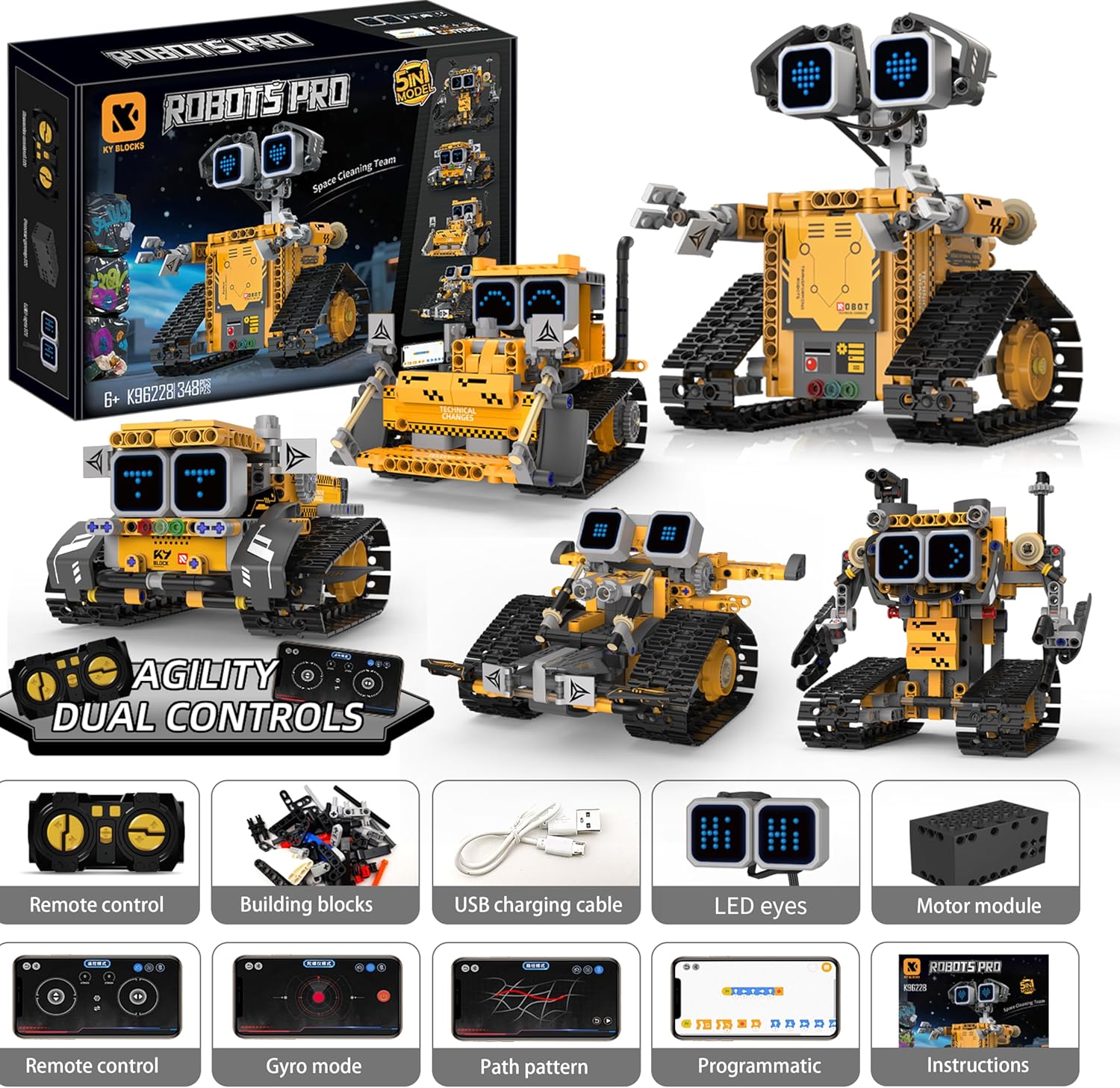 5-in-1 Robot Building Kit for Kids 6-12, STEM Coding Robot Toy with App & Remote Control, DIY Expression Robots, Educational Engineering Building Set Gift for Boys Girls (348 PCS)