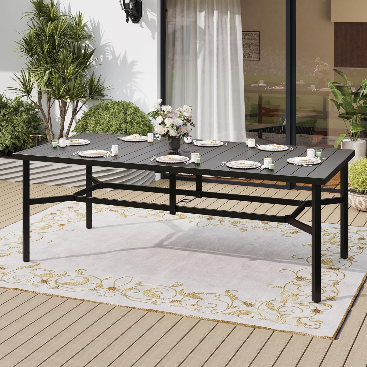 SUNSHINE VALLEY 83" Patio Table for 8,Large Rectangle Patio Dining Table with Umbrella Hole,E-Coating and Powder Coating Steel Frame Metal Outdoor Patio Table for Garden Backyard Lawn Yard