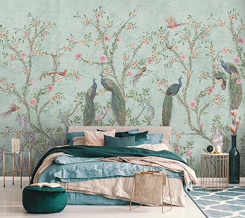 Miniatura 3 de Murwall Papel pintado de pavo real suave chinoiserie mural de pared pájaros chinos y papel tapiz floral de acuarela (estilo 2)
