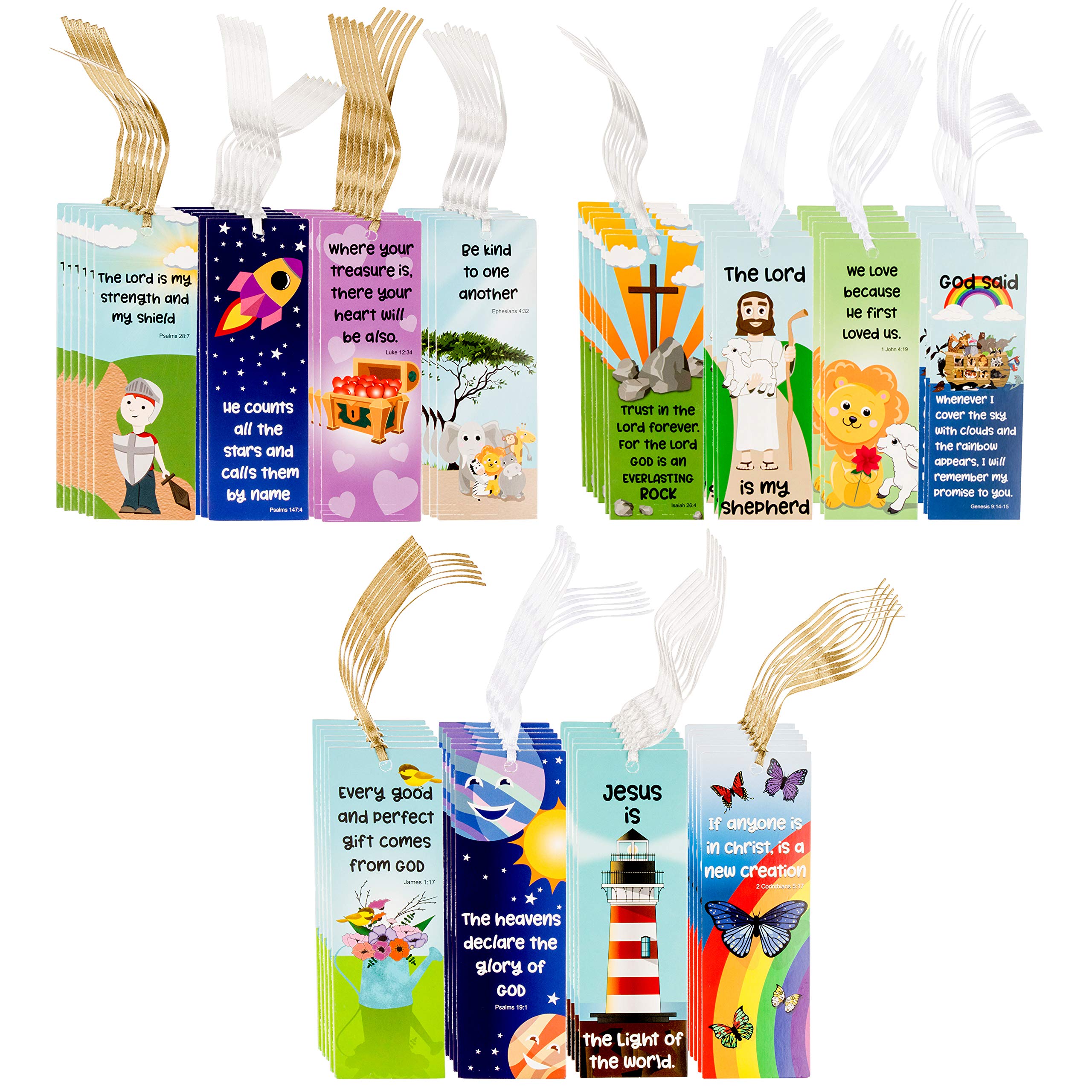 Faithful Finds Juvale 72-Pack Religious Christian Scripture Bookmarks for Kids with Bible Verse Quotes, 12 Assorted Designs, 6 x 2 Inches