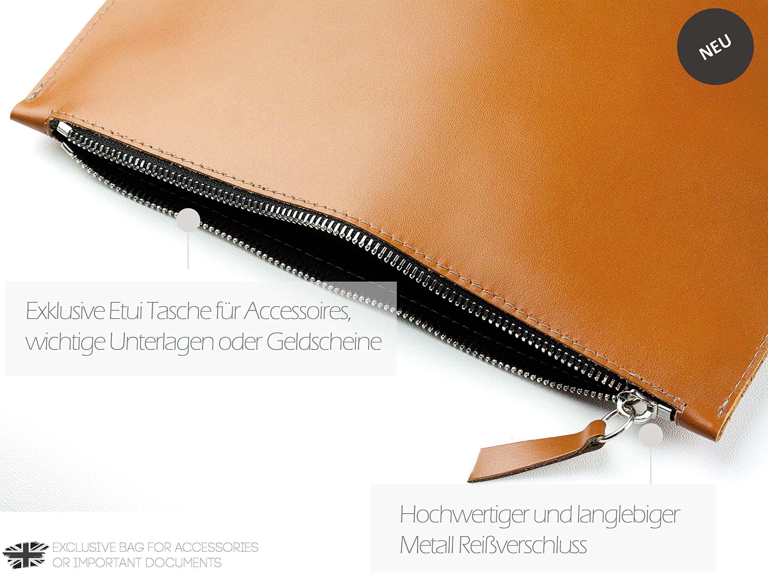 DELMON VARONE - Personalisierbare Banktasche mit Reißverschluss DIN A5 aus Boxcalf Leder Braun, Premium Geldtasche für Geldscheine, Münzen und Dokumente, Damen und Herren Echtleder Dokumententasche
