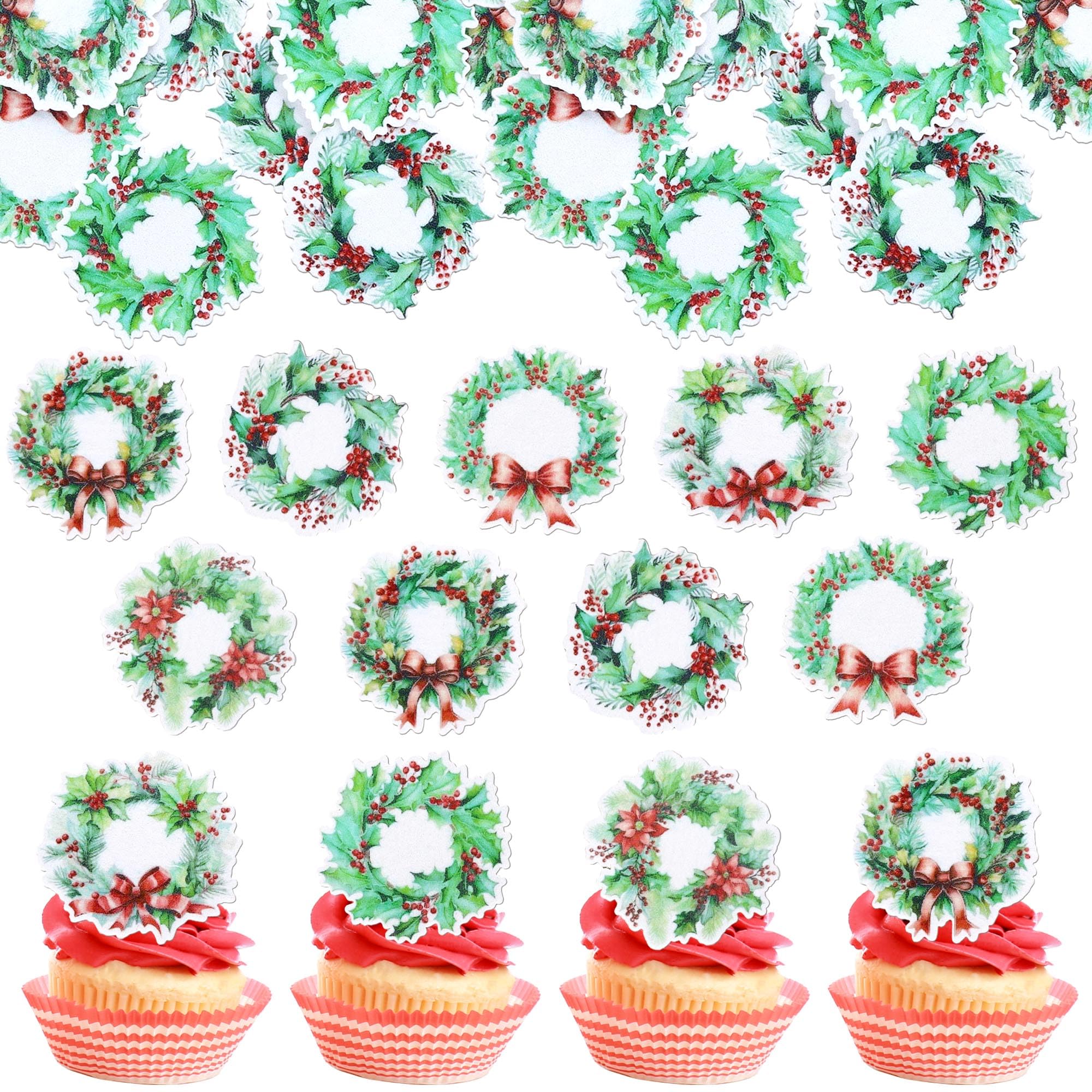 Xsstarmi 60 Pack Merry Christmas Edible Cupcake Toppers Rice Paper Xmas Wreath with Berries Bownot Cupcake Picks for New Year Christmas Celebration Party Cake Decorations Supplies