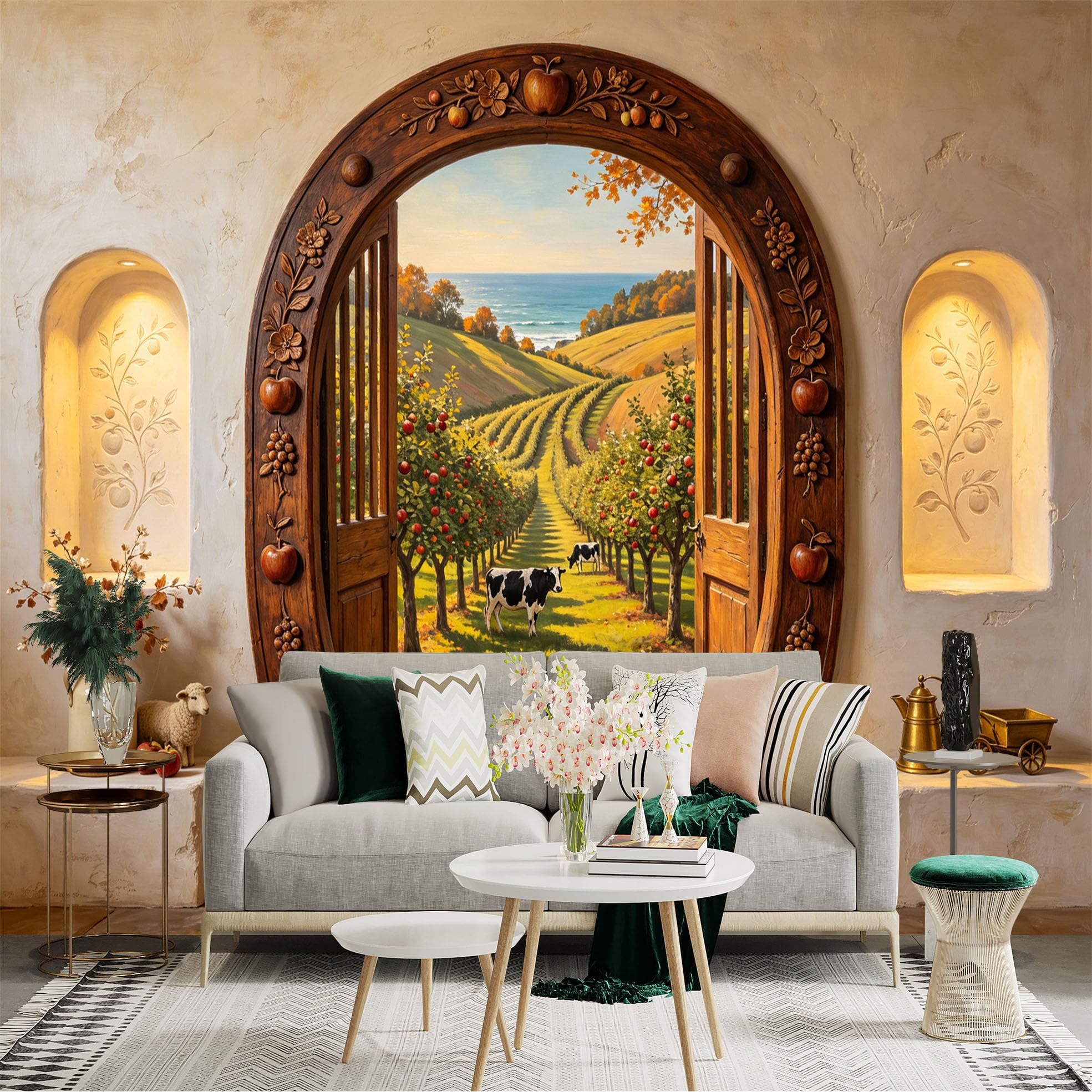 Custom Size Wall Sticker Mural， Rustic Farm Orchard Path， Countryside Landscape and Wooden Archway， for wall Decoration， peelandstick wall Decals.