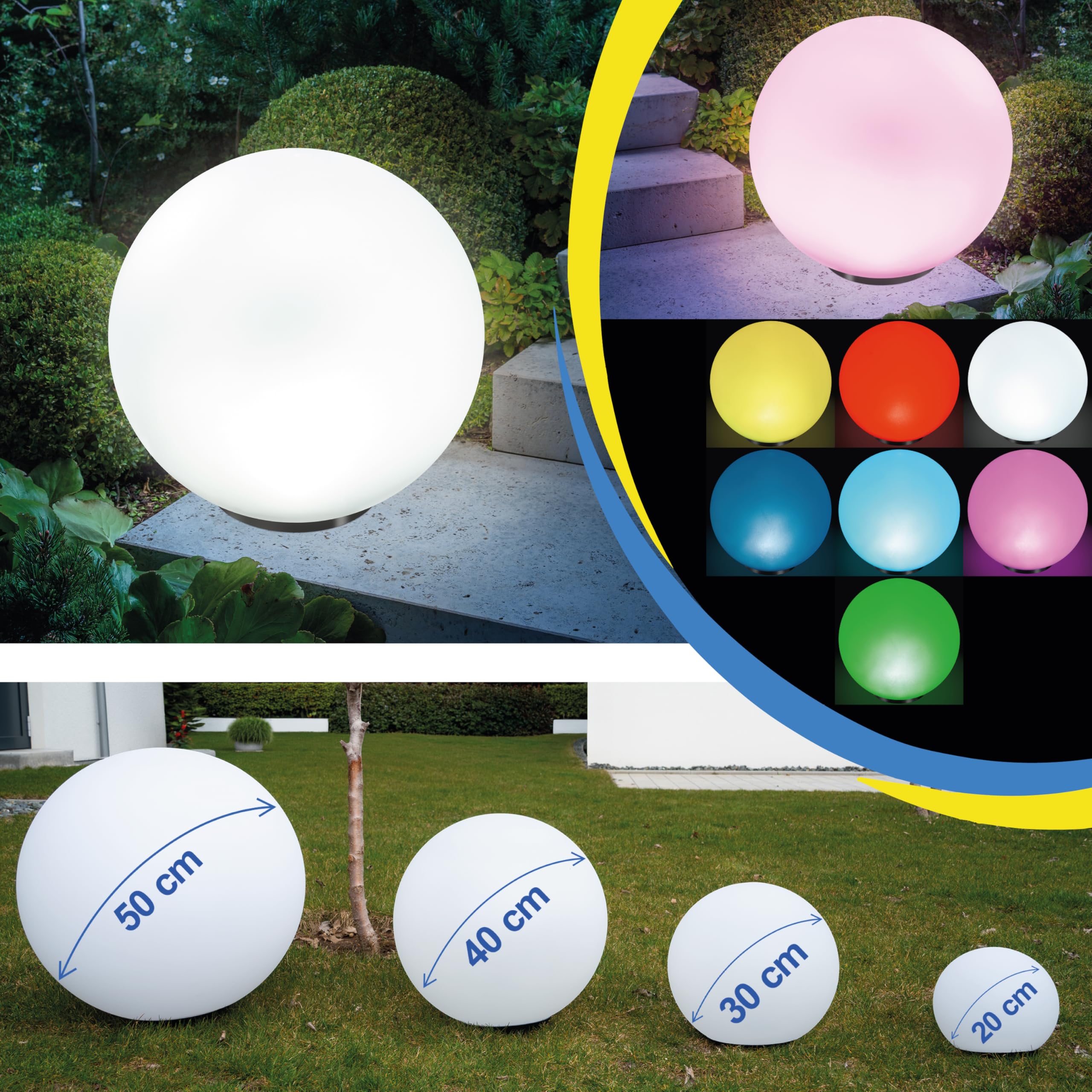 Esotec Solar-Leuchtkugel für den Garten, 50cm, 7 Farben, multicolor, Akku, 6500K, Solarleuchte winterfest outdoor, 102612