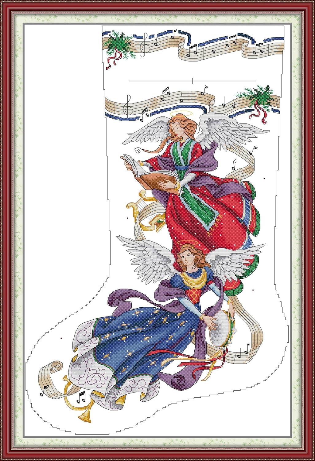 CaptainCrafts Cross Stitch Kits, Christmas Stocking Stamped Cross Stitch Prepainted 11CT Fabrics Corss Stitch DMC DIY Needlework Embroidery Kit for Adults (Stamped 11CT, Angelic Harmony Stocking)