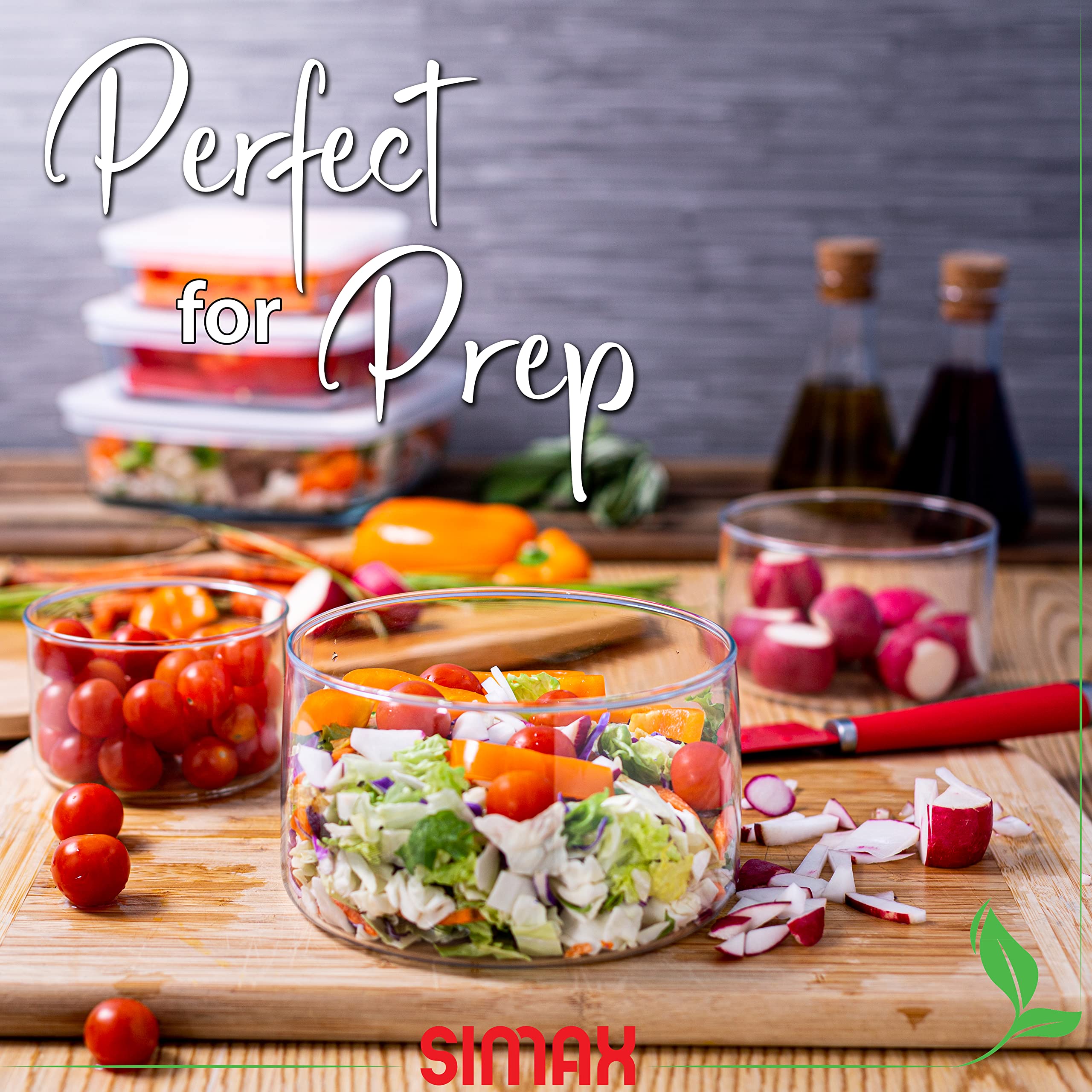 Simax Envases redondos de vidrio con tapas: recipientes de almacenamiento de alimentos de vidrio de borosilicato con tapas herméticas - envases de vidrio para almuerzo para adultos - recipiente para