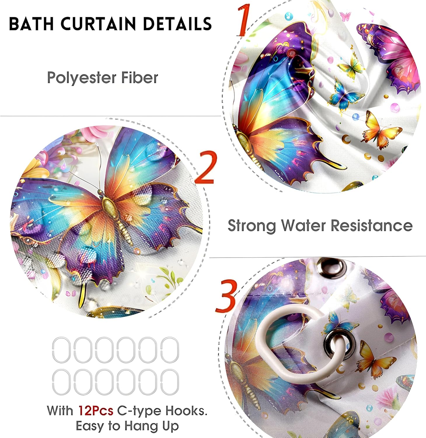 Chrainy 4Pcs Butterfly Colorful Shower Curtain Sets with Rugs Floral Bathroom Set with Non-Slip Rugs Toilet Lid Cover and Bath Mat Vintage Shower Curtain with 12 Hooks, Durable Bathroom Decor Set