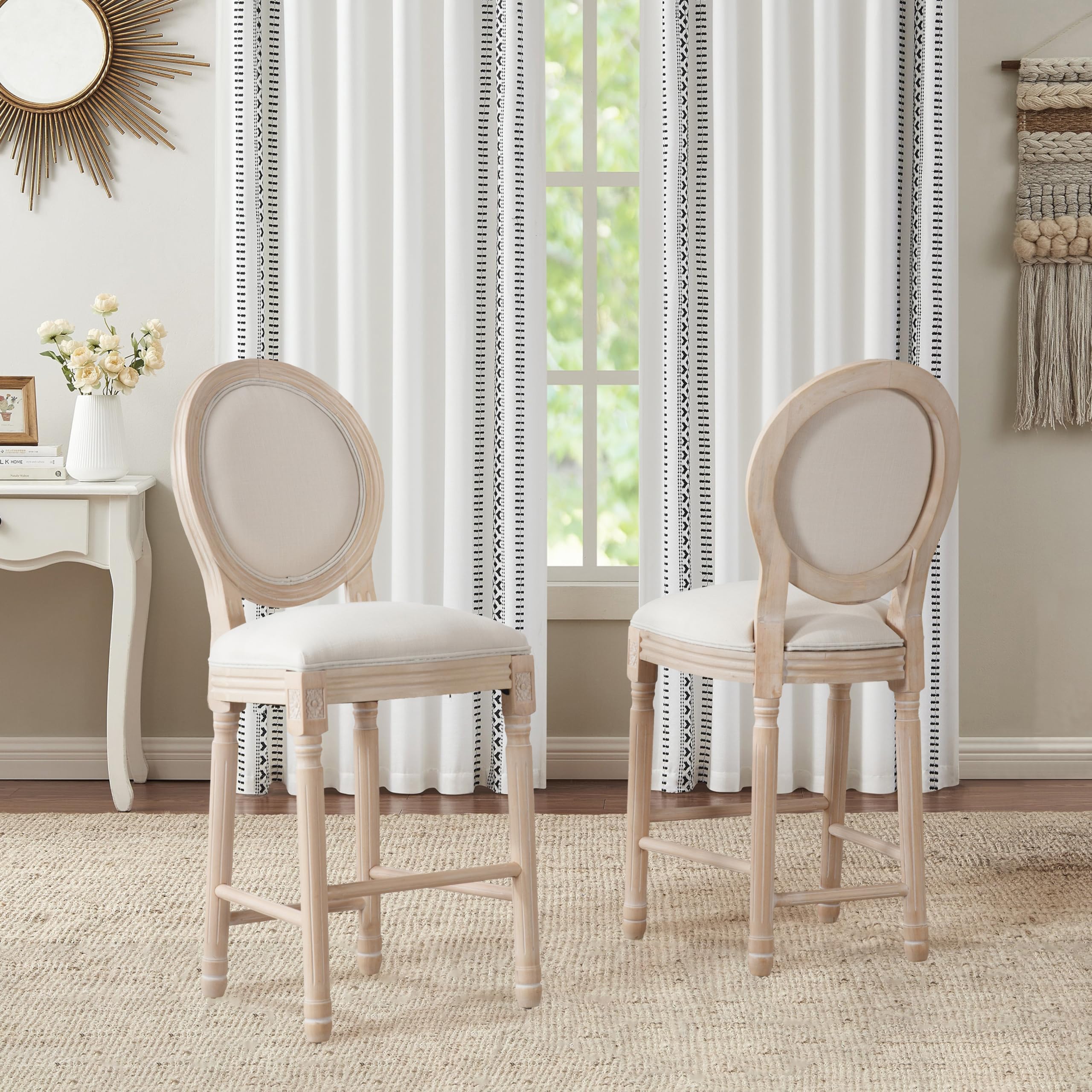French Country Bar Stools Set of 2, 26" Seat Height Wooden Barstools with Solid Wood Frame Tall Back Soft Linen Upholstered Seating, Vintage Armless