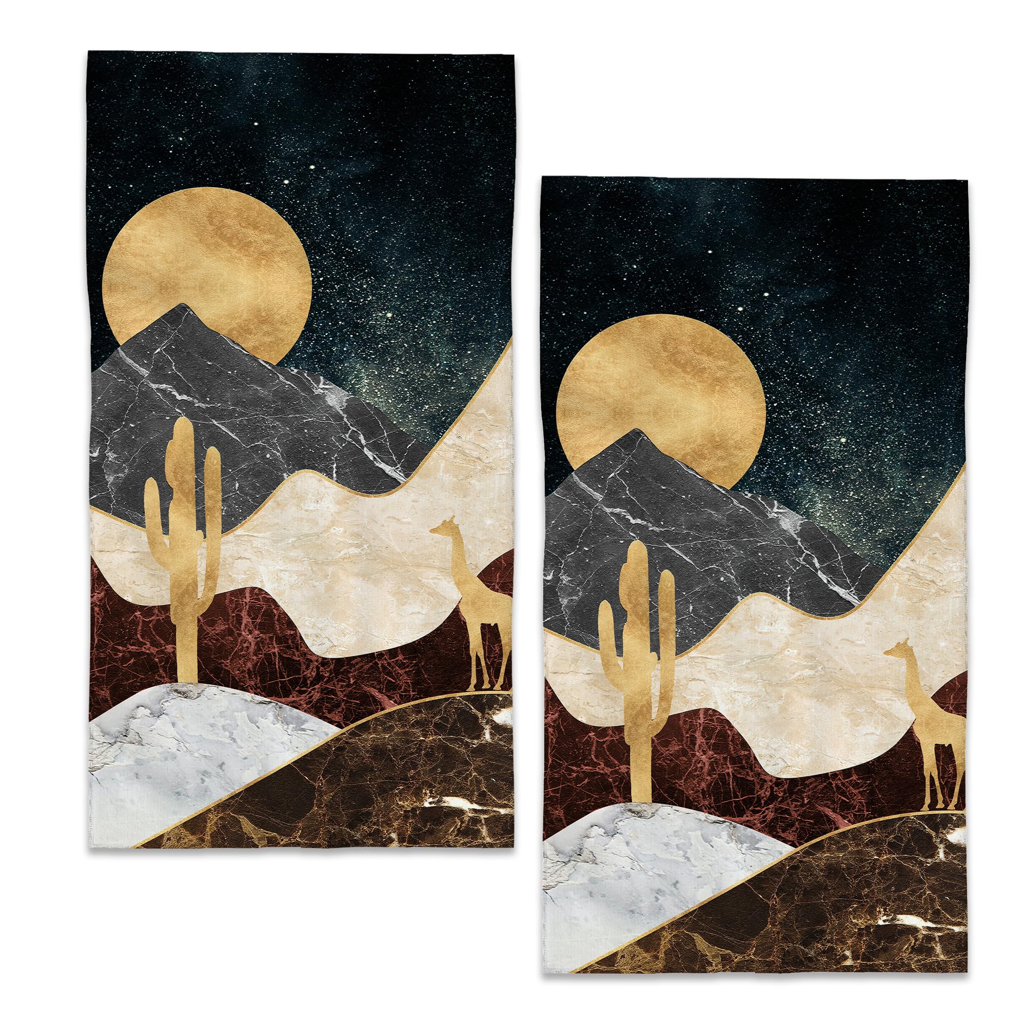 BIGXIUKA Bath Hand Towel 2 Pack Boho Sun Mountain Absorbent Hand Towels Deer Cactus Face Towel Soft Breathable Bathroom Towel for Kitchen Hotel Spa