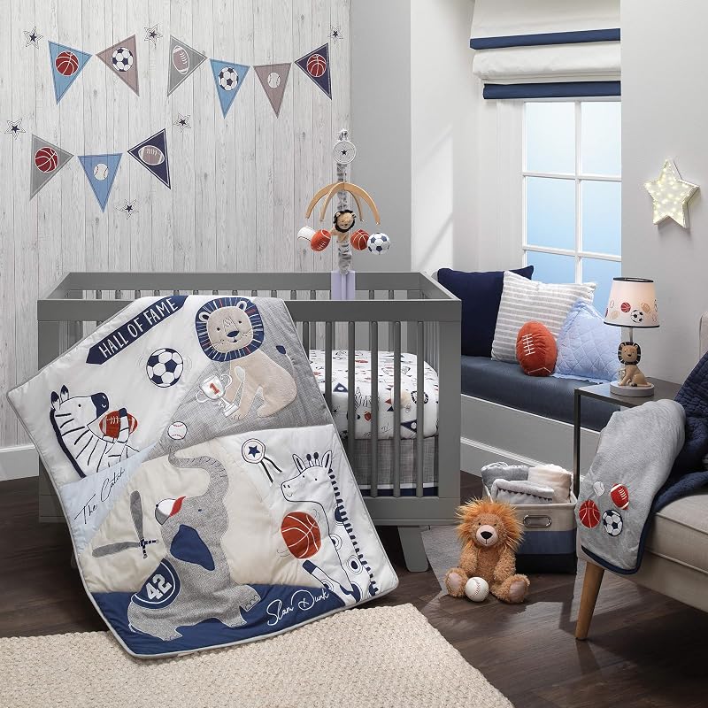 Lambs & Ivy Hall of Fame Sports Animals Juego de cama para cuna de 5 piezas - Gris/Azul