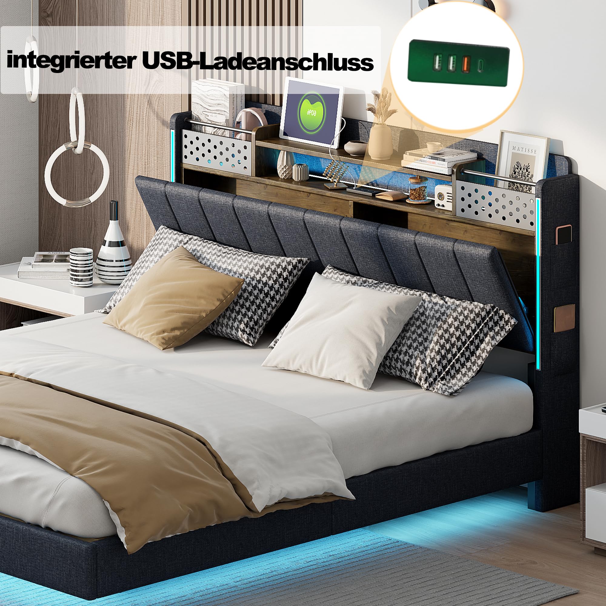 letto imbottito testiera con contenitore letto galleggiante con illuminazione LED e presa USB per adulti tessuto lino letti matrimoniale con rete doghe per ospiti senza materasso grigio 160x200