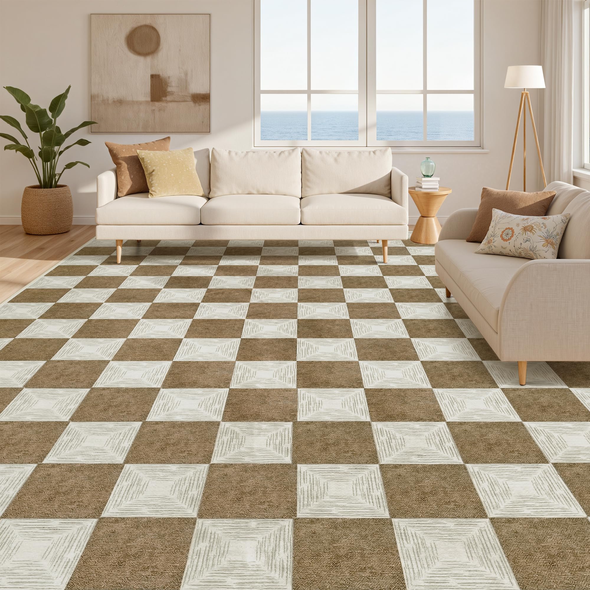 Kiginara Washable Brown Checkered Rug 7x9, Non-Slip Low Pile Area Rug for Living Room, Bedroom, Nursery, Modern Neutral Farmhouse Checkerboard Carpet, Pet & Kid Friendly