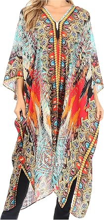 Sakkas Alvita Womens V Neck Beach Dress Top Caftan Cover up with Rhinestones