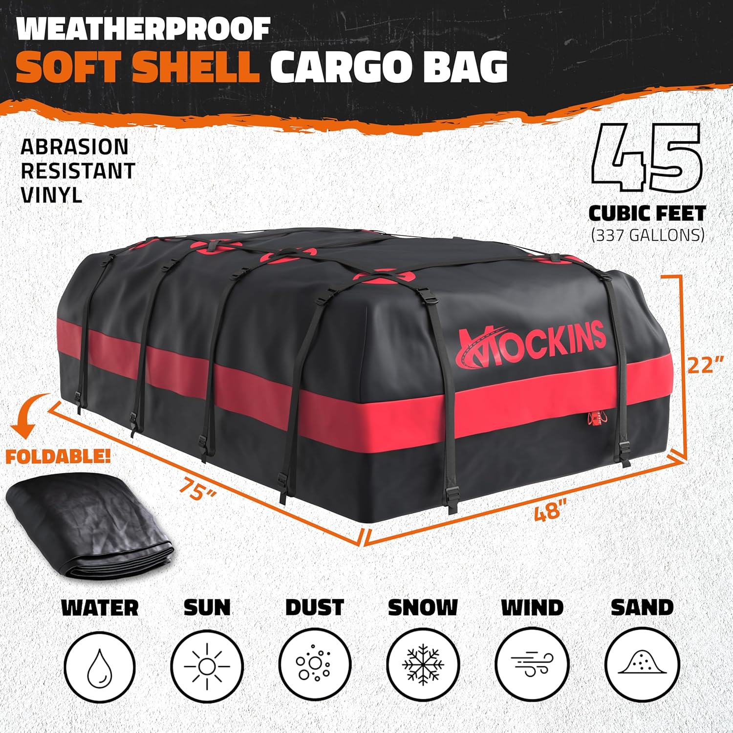 Mockins 45 CuFt XL Waterproof Rooftop Cargo Carrier Bag | 75"x48"x22" Heavy-Duty Car Roof Cargo Carrier for Use with or Without Roof Rack | All-Weather Car Bag with Mat, Lock, Hooks, Straps & Case