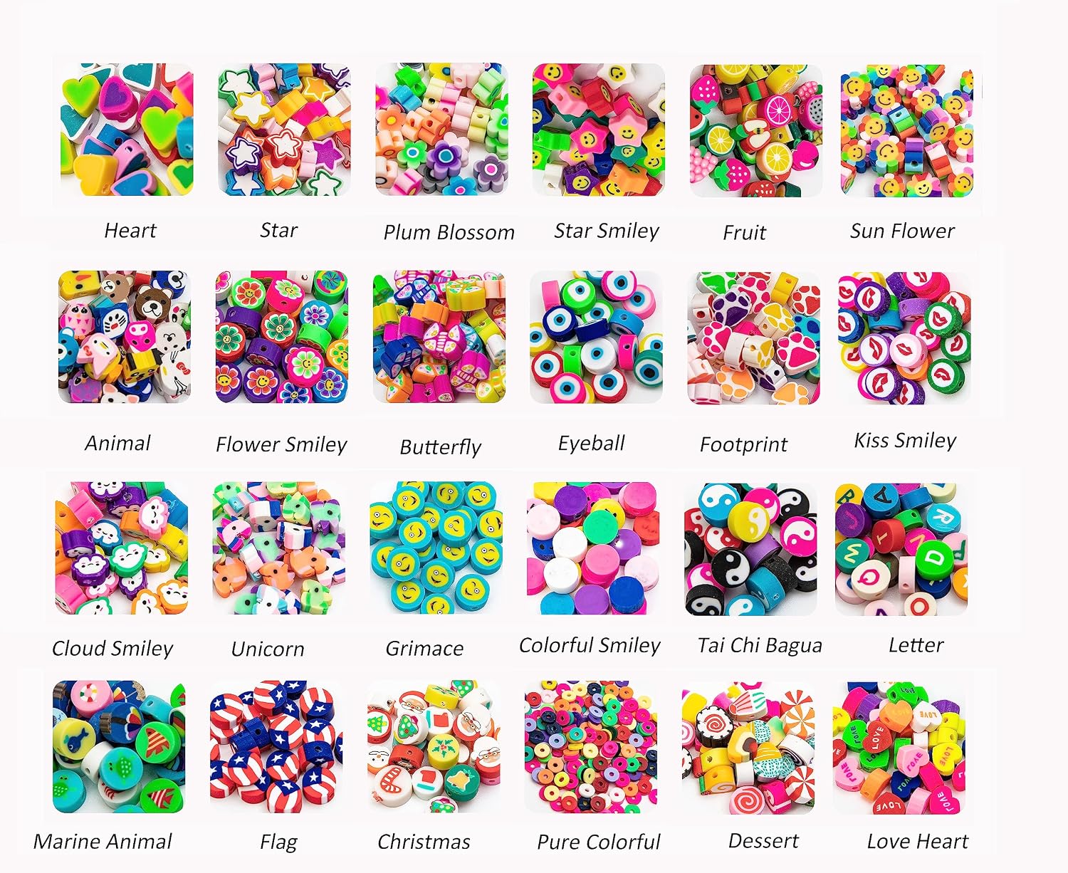 666PCS Flower Smiley Polymer Clay Beads Charms 24 Styles Cool Fun Cute Preppy Beads for Jewelry Making Girls Indie Aesthetic Beads DIY Bracelet Accessories Kit 5m Crystal Elastic String for Kids