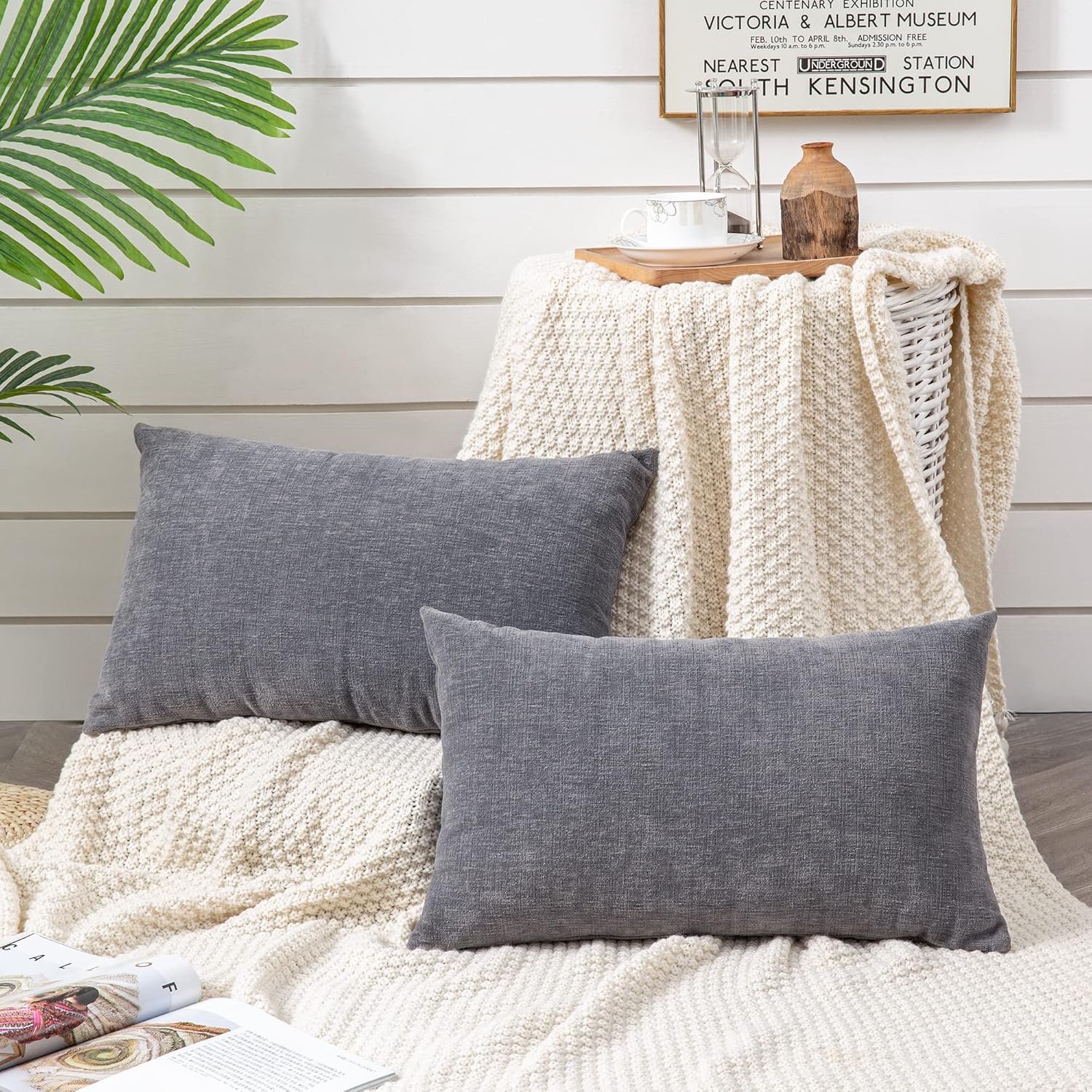 GAWAMAY Lumbar Support Pillow Decorative Rectangle Throw Pillow Covers 12"x20" Inch Set of 2, Soft Chenille Fall Pillowcase for Living Room Bedroom Sofa Couch Cushion Cover Grey 30x50cm (No Insert) - Image 2