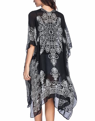 Moss Rose Women's Beach Cover up Swimsuit Kimono with Bohemian Floral Print, Loose Casual Resort Wear - A Adeline Black
