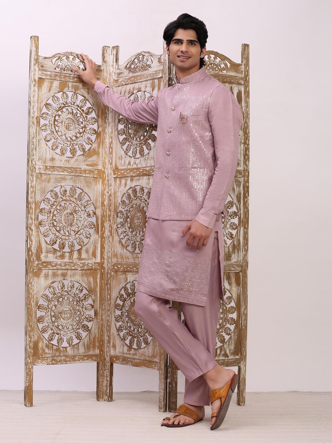 Pro-Ethic Style Developer Men's Cuffed Sleeves Cotton Kurta and Trouser Set with Embroidered Waistcoat (Nehru Jacket) (C-121) - Image 4