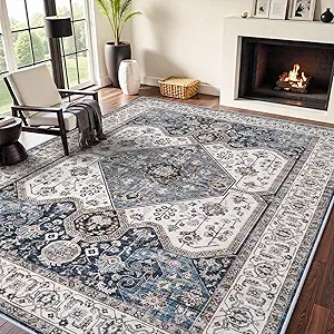 RUUGME Washable 8X10 Area Rug - Soft Area Rugs for Living Room Stain Resistant Carpet Vintage Lightweight Rugs for Bedroom with Non Slip Backing Indoor Ultra-Thin Rugs 8X10 Navy