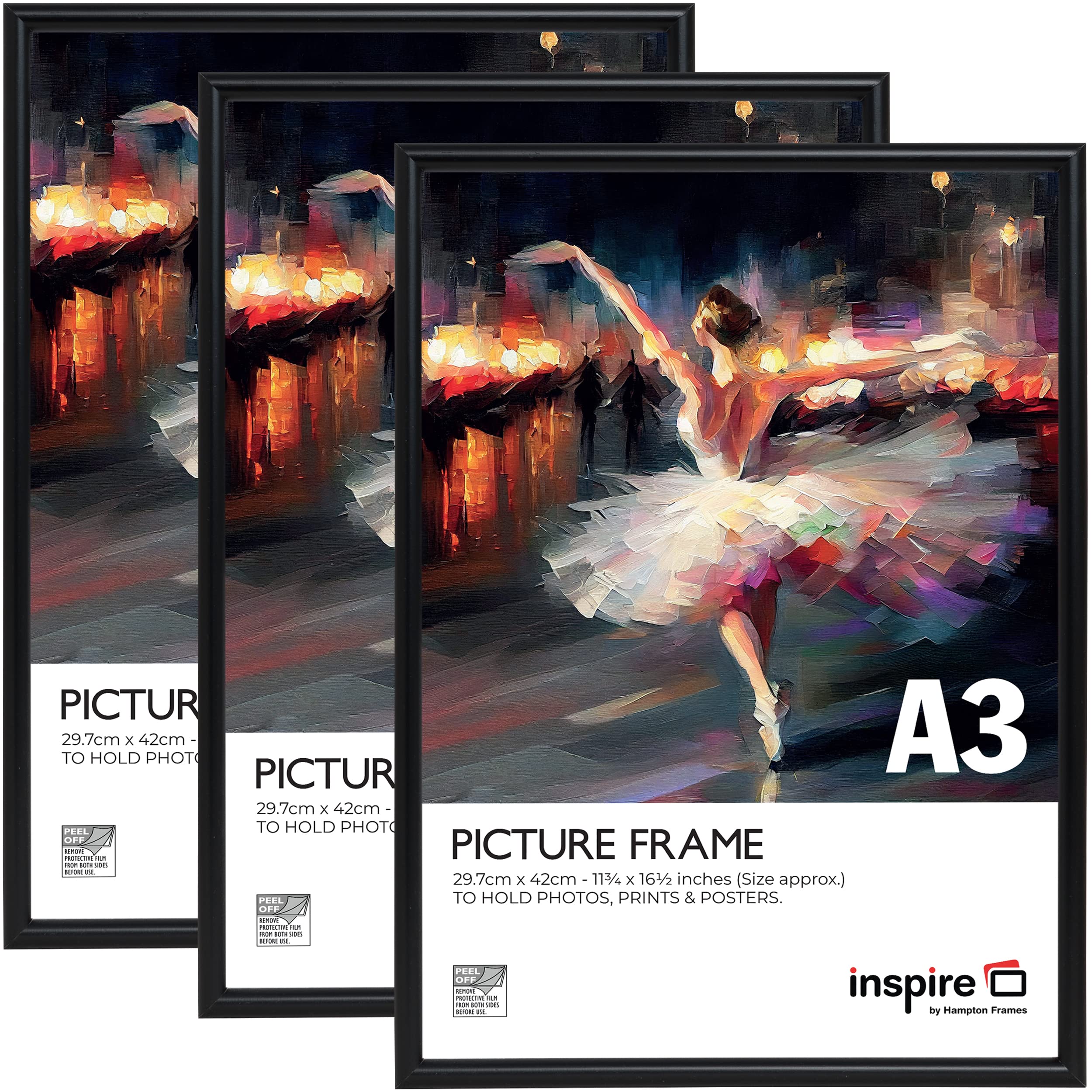 Inspire By Hampton GLENWOOD A3 Black Poster Certificate Frame Acrylic (Non-Glass) IBHGLEA3BKP-PK3