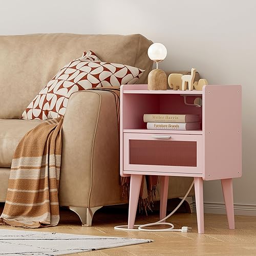Miniatura 4 de Mesita de noche con estación de carga, mesitas de noche mesa auxiliar rosa con espacio de almacenamiento de 2 niveles, para dormitorio, sala de