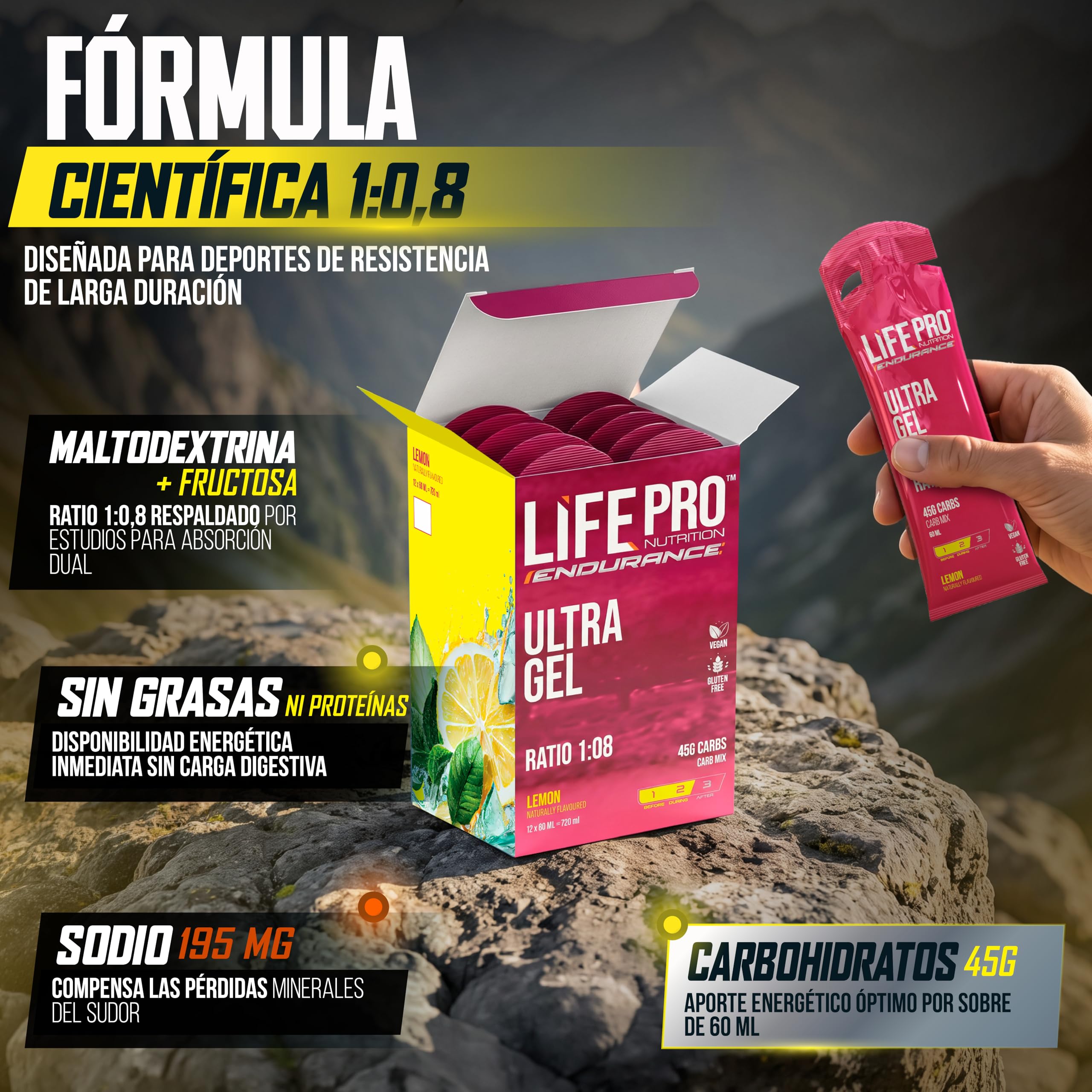 Life Pro Endurance Ultra Gel 1:08 12X60Ml - Gel Energético Sin Cafeína Para Deportistas Resistencia, Running, Ciclismo Y Triatlón Con Carbohidratos De Absorción Rápida Y Electrolitos - Sabor Limón