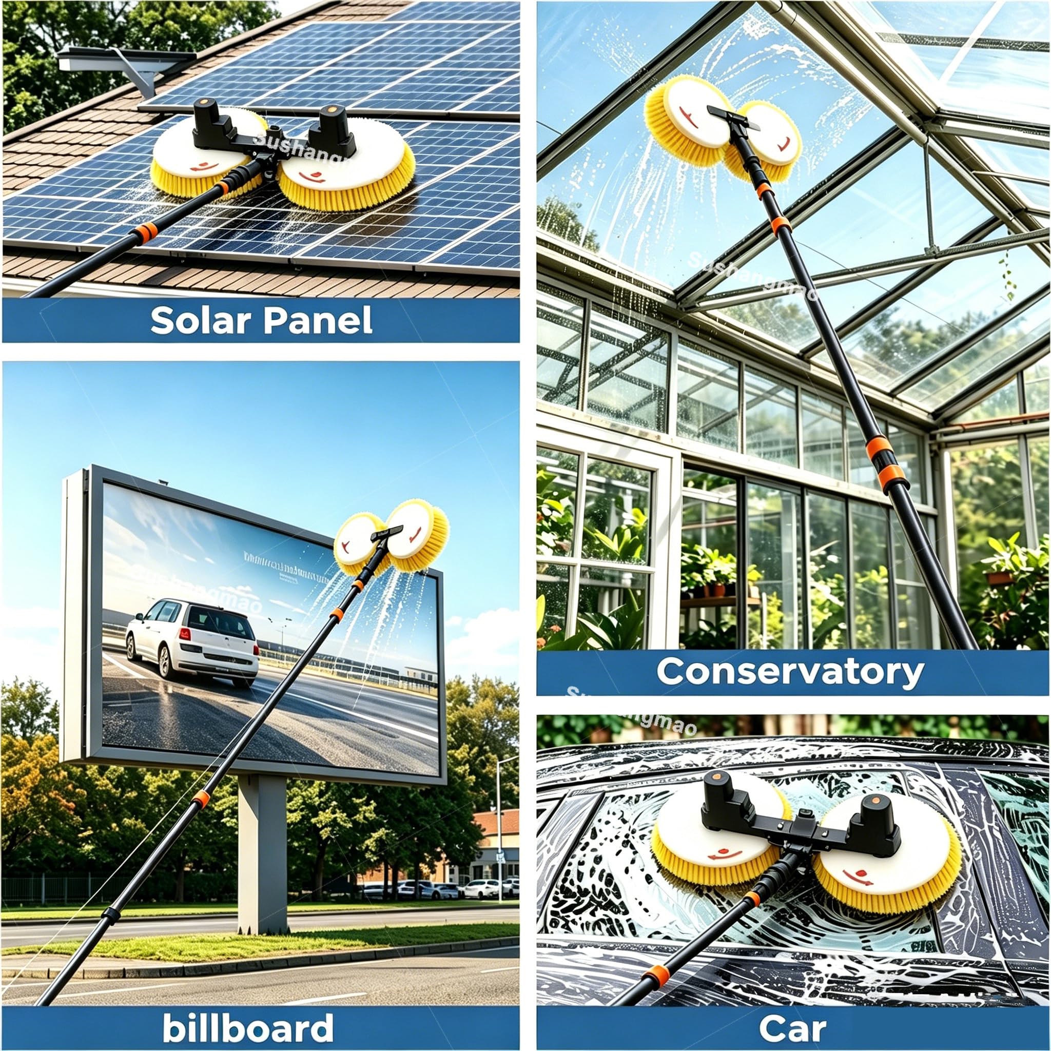 Kit de poste de alimentación de agua – Cepillo de limpieza de panel solar, 300 W de doble disco de 64 cm, ajustable de 5,5 m/7,5 m para limpiar paneles, ventanas, caravanas, carteles