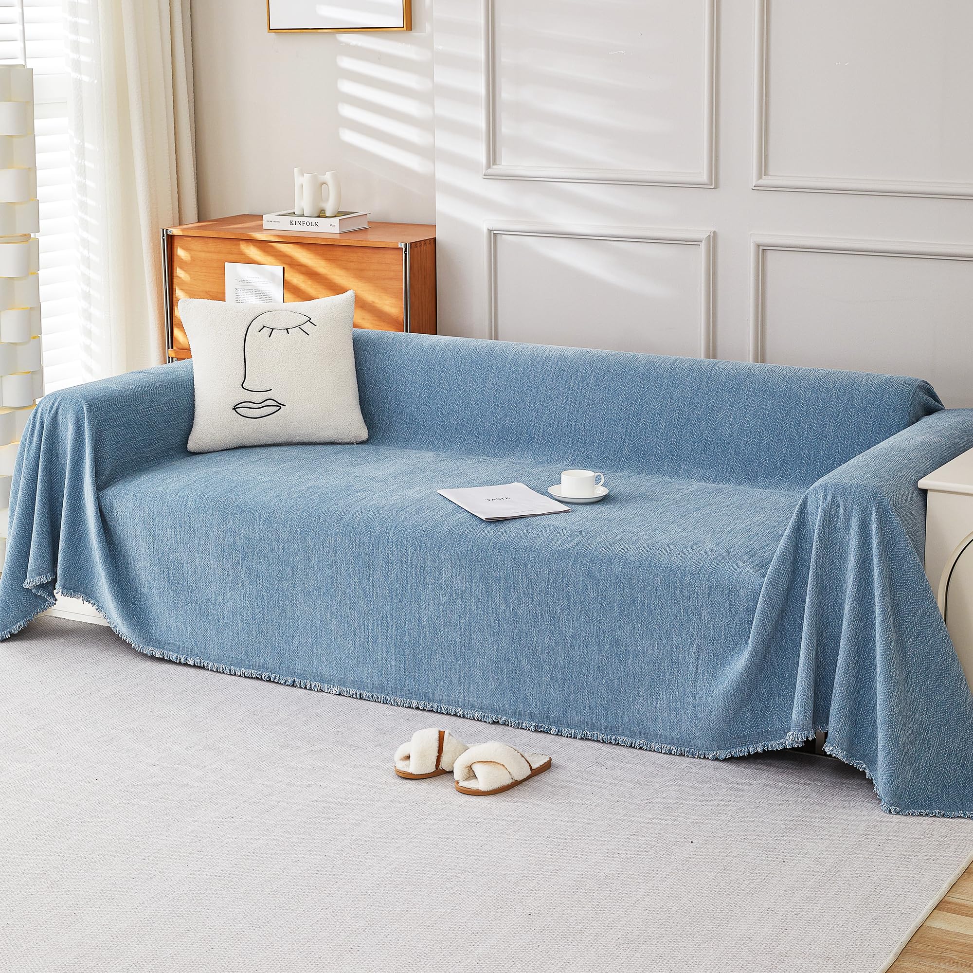VANJOROY 100% Chenille Natural Sofa Large Throw Blanket For Single Seater -Throws for Armchair, Luxury Soft Throw for Chair Couch and Bed, Mineral Blue-130 x 180cm โ image 1