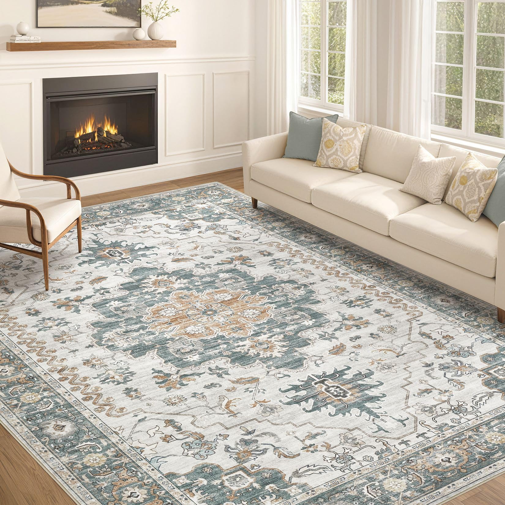 EIEIHOUSE 10x12 Area Rug Washable Vintage, Green/Grey