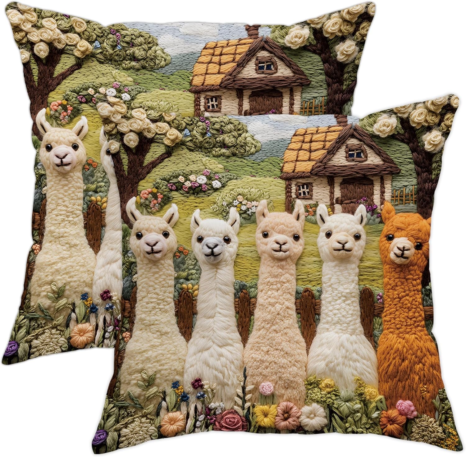 Llama Decorative Pillow Covers Set of 2, Colorful Farmhouse Throw Pillow Cases, Fanciful Alpaca Print Cushion Covers for All Seasons Home Decor, Cozy Village Garden Pillow Case 70x70 Inch