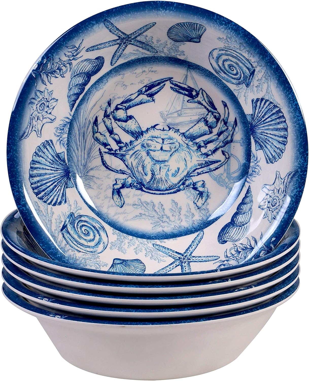 Misc Oceanic 7.5-inch Melamine All Purpose Bowl (Set of 6) Blue White Animal Modern Contemporary Round 6 Piece Dishwasher Safe