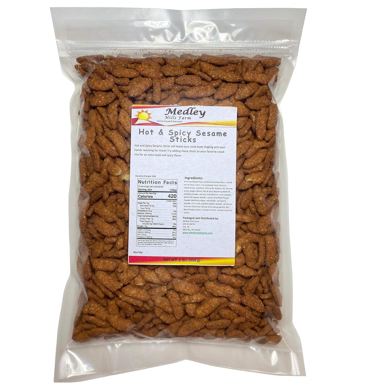 Hot & Spicy Sesame Sticks Sesame Sticks 2 Lbs Bulk Delicious & Fresh Snack "Made in the USA"