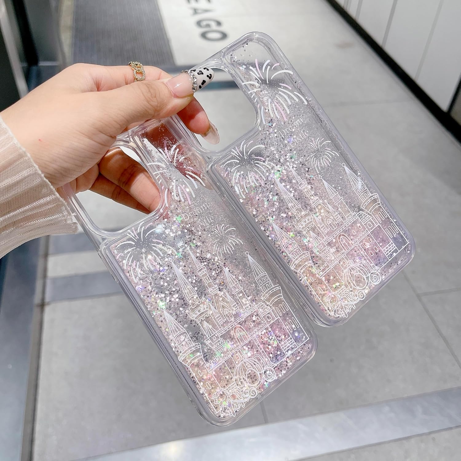 iFiLOVE for iPhone 13/14 Bling Liquid Castle Fireworks Case, Cute Luxury Sparkle Flowing Glitter Quicksand Shockproof Protective Case Cover for Girls Women Kids (Pink) - Image 9