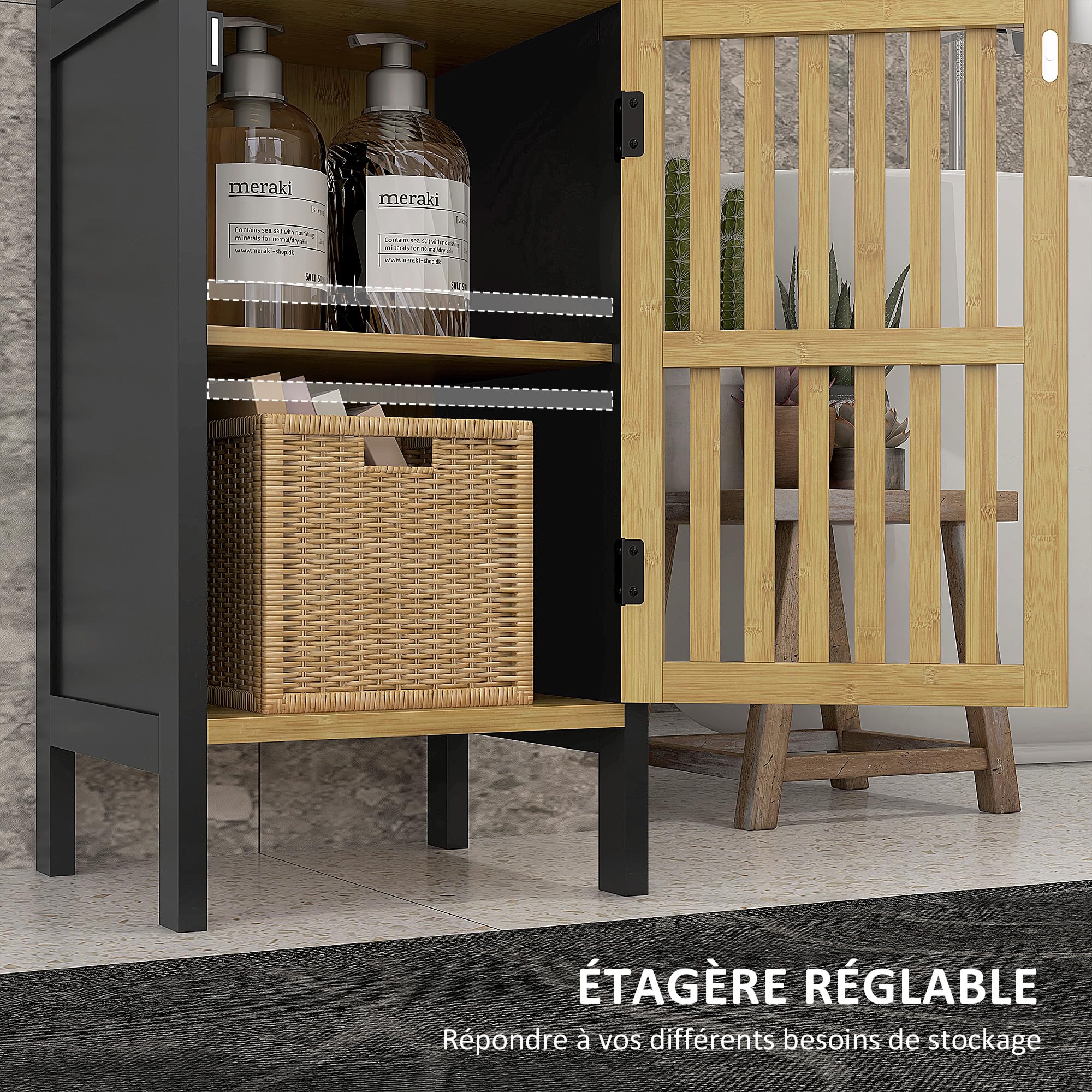 HOMCOM Meuble Bas de Salle de Bain Placard 32 x 30 x 90,5 cm, Noir et Bois