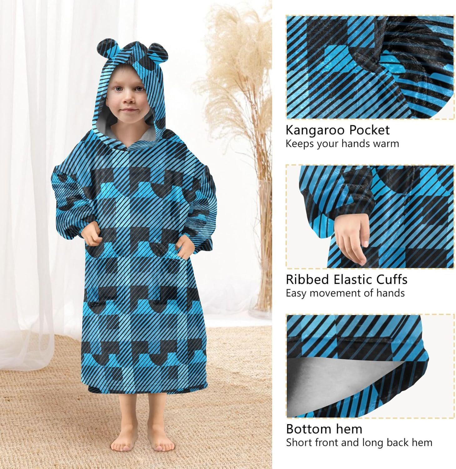 Blue Buffalo Check Plaid Kids Wearable Blanket Hoodie and Sleeves for Toddlers, Cute Hoodies Girls B0403944