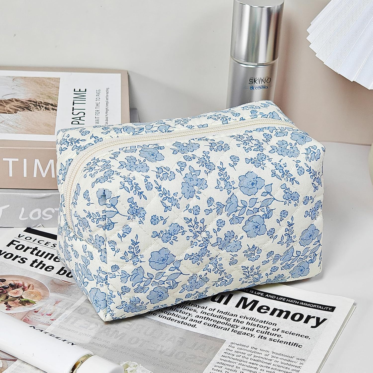 Quilted Makeup Pouch,Cotton Puffy Makeup Bag, Coquette Cosmetic Bag for Women and Girls, Aesthetic Organizer Bag, Cute Flower Travel Toiletry Bag - Image 7