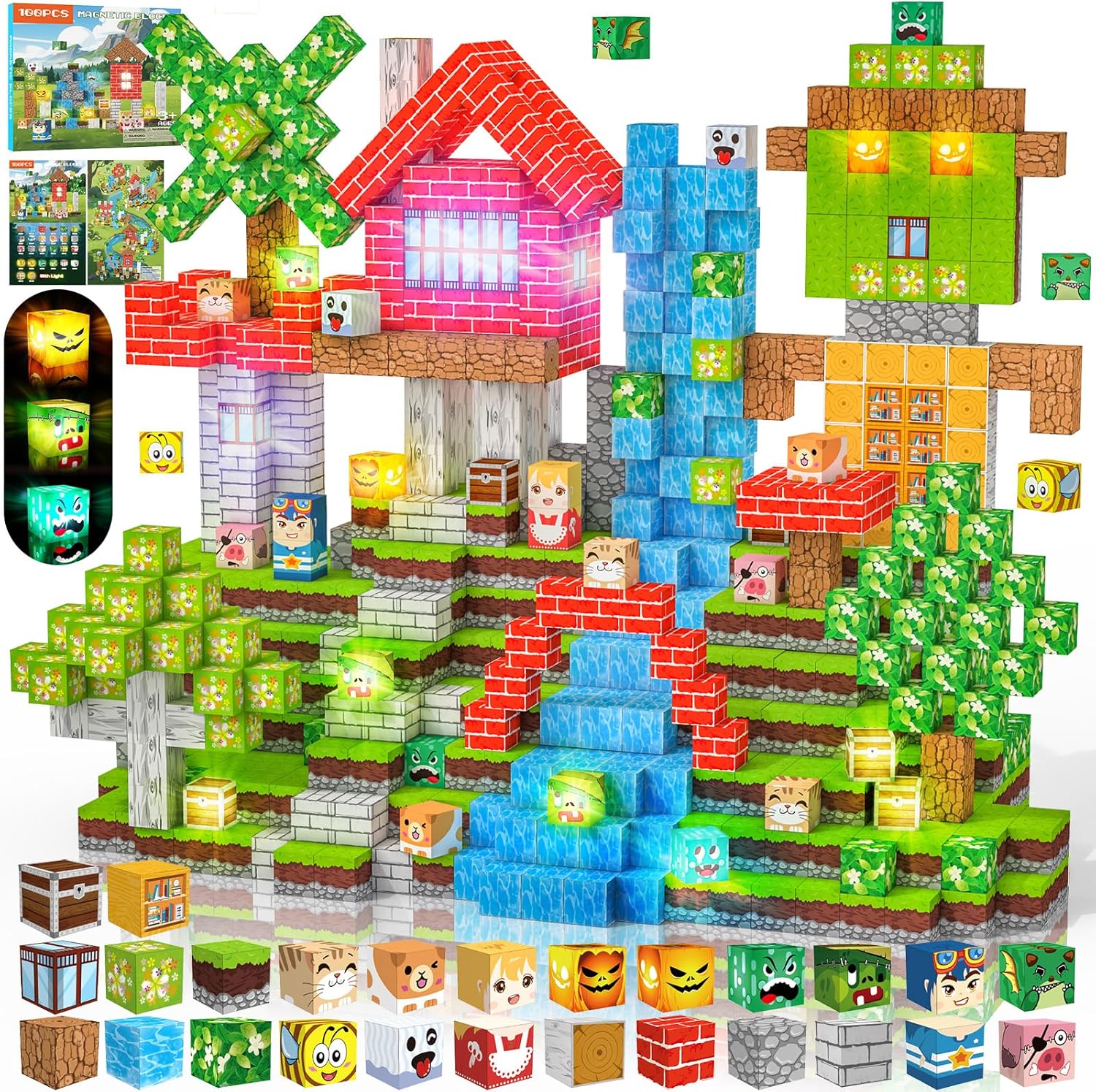 Magnetic Blocks 100 PCS with Light UP Magnetic Building Blocks, 3+ STEM Montessori Sensory Toys, Magnetic Cube for for 3 4 5 6 7 8 9 10 11 12 8-12 Years Old Boys & Girls Birthday Gifts