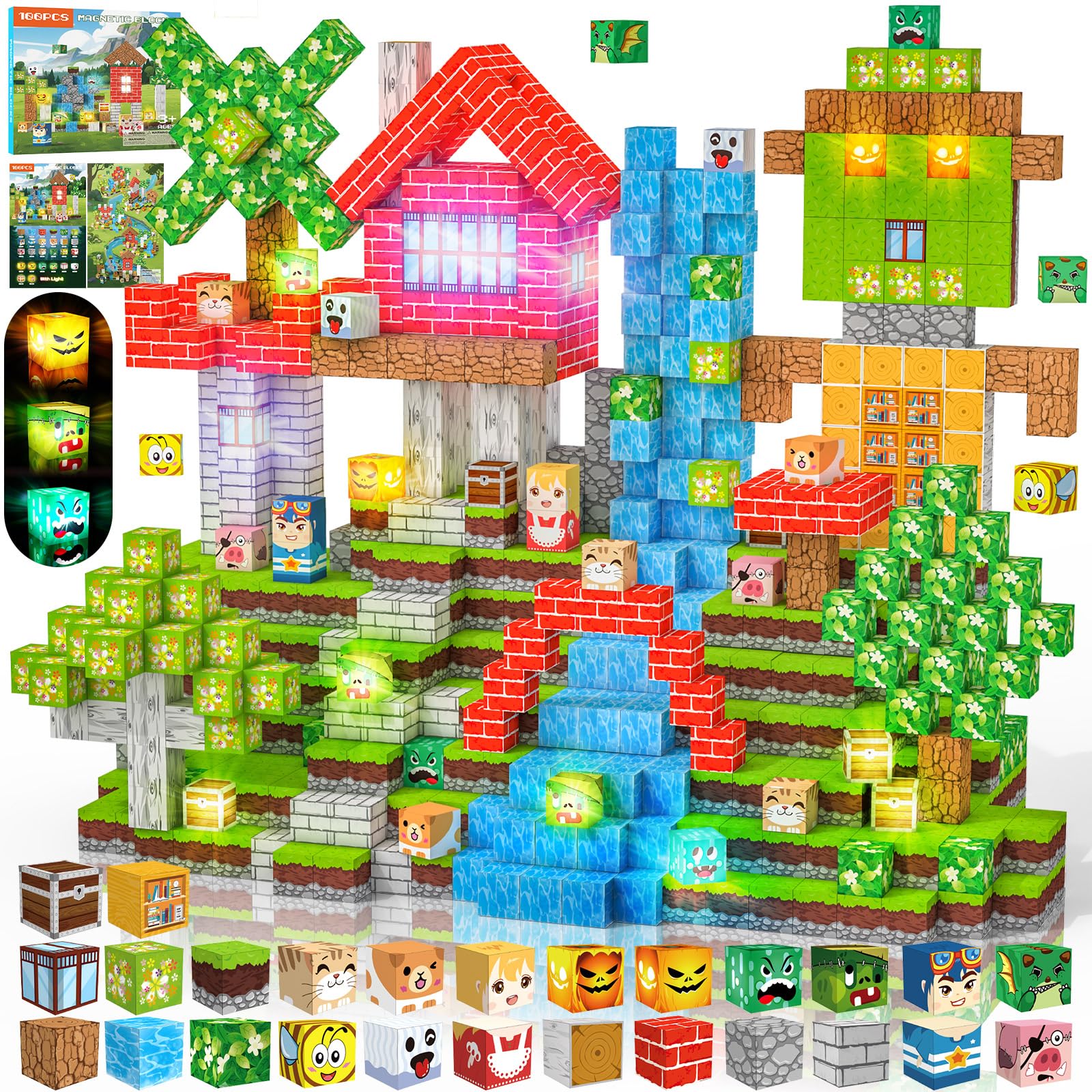 Bloques Magneticos Construccion Niños 2CM 3+ Magneticas, Juego Magnetic Blocks Tiles Construcción, Juguetes Montessori para Niños 4 5 6 7 8 9 10 11 Regalos de Cumpleaños para Niñas (Cascada)