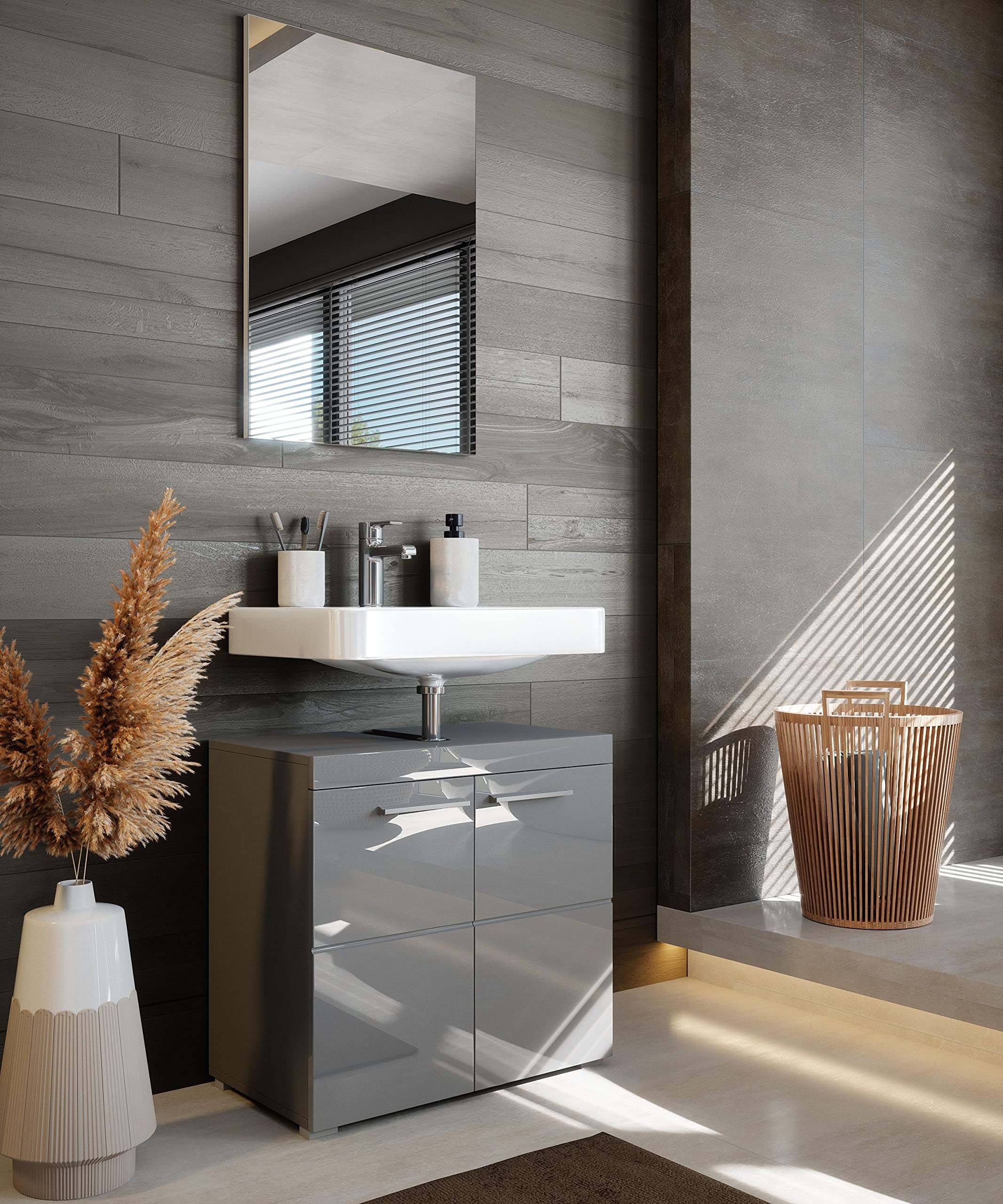 Newroom Waschbeckenunterschrank Grau Hochglanz mit viel Stauraum - 60x56x34 cm (BxHxT) - Badezimmer Unterschrank Badezimmerschrank Badezimmermöbel Badunterschrank - [Trinity.Seven]