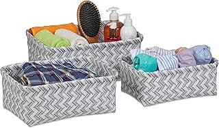 Relaxdays 10035319_685 Lot de 3 paniers de Rangement, corbeilles en 3 Tailles, tressés, Salle de Bain, Plastique, Blanc/Gris, PP, métal