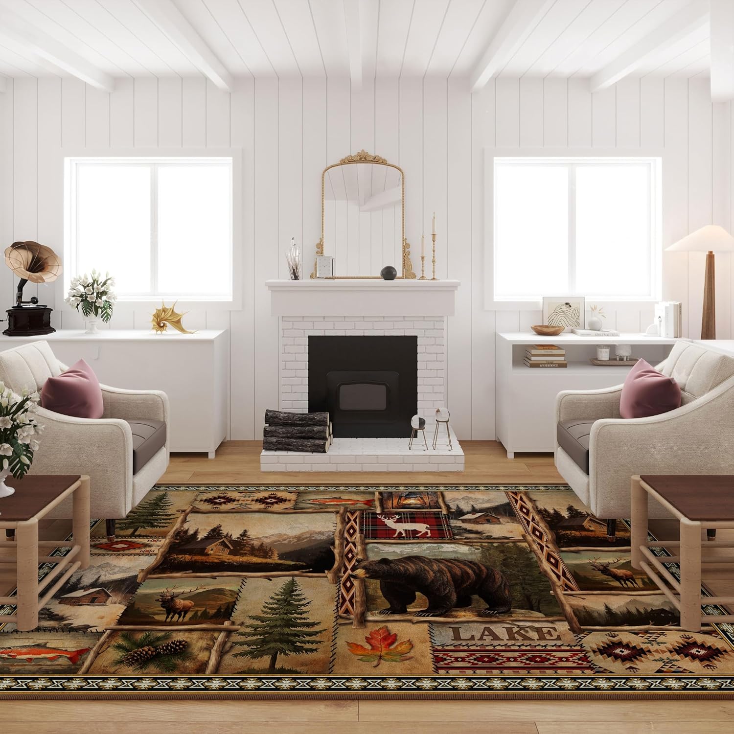 Vintage Moose Bear Cabin Rugs for Living Room 5'x7', Non-Slip Machine Washable Farmhouse Rustic Lodge Area Rug Carpet for Bedroom Indoor Dining Floor Carpet, Brown Rustic Living Room Decor - Image 3