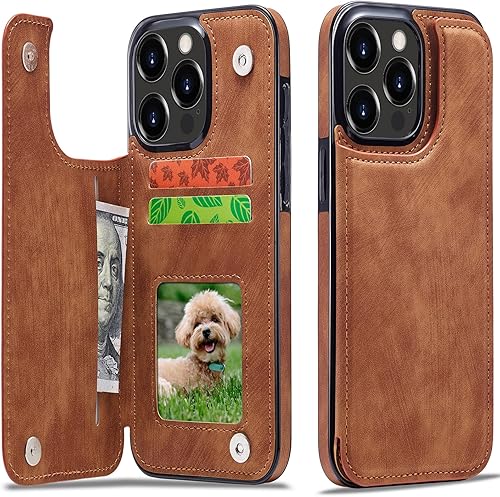 Funda tipo cartera compatible con iPhone 15 Pro de piel sintética con ranura para tarjetero, doble cierre magnético con función atril de 6.1